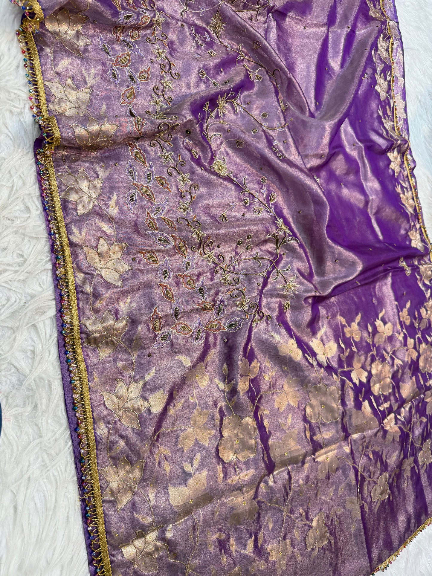 Magenta shade tissue ari & zardosi work designer premium Banarasi saree