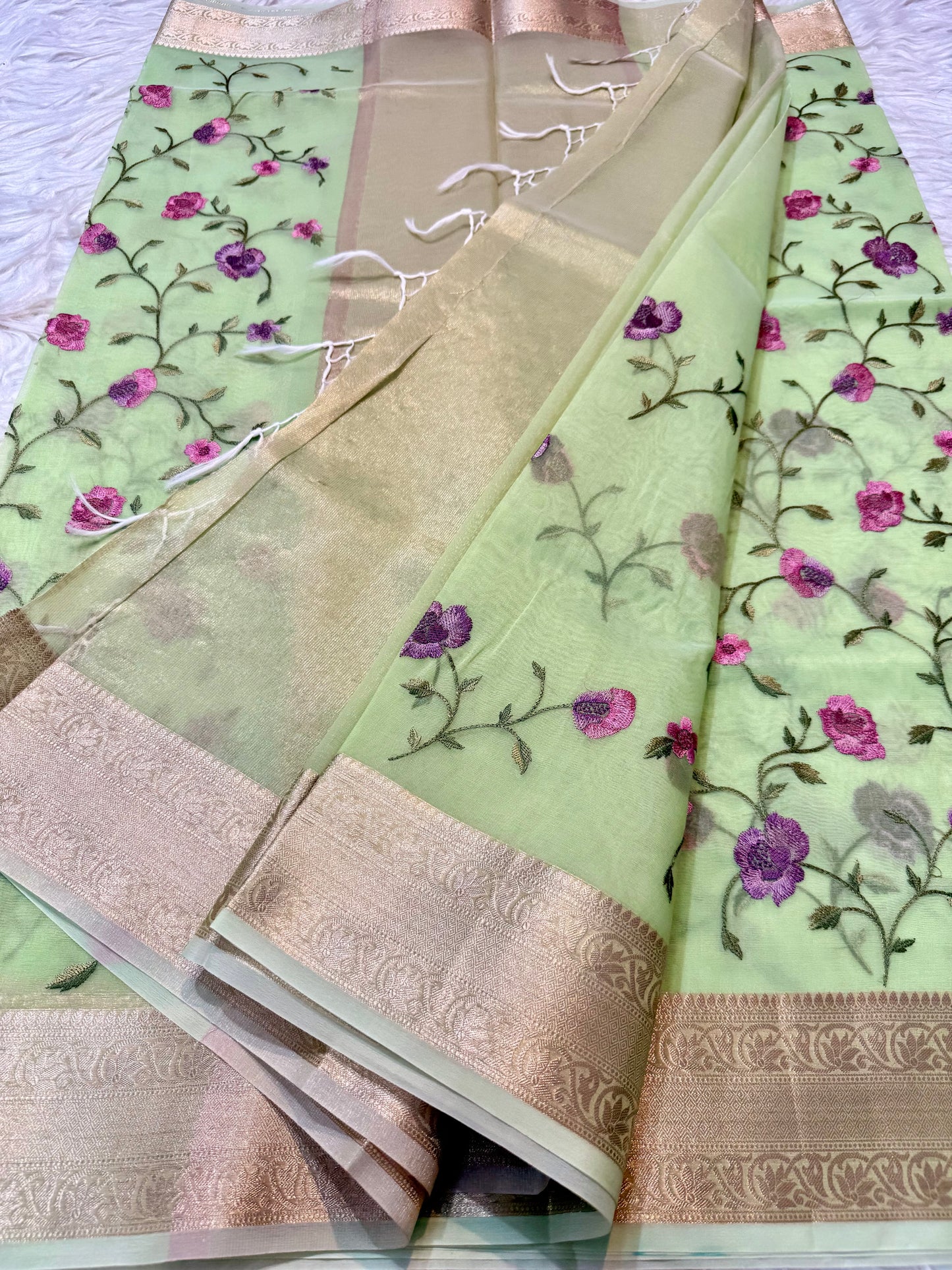 Pista green shade organza embroidery Banarasi saree