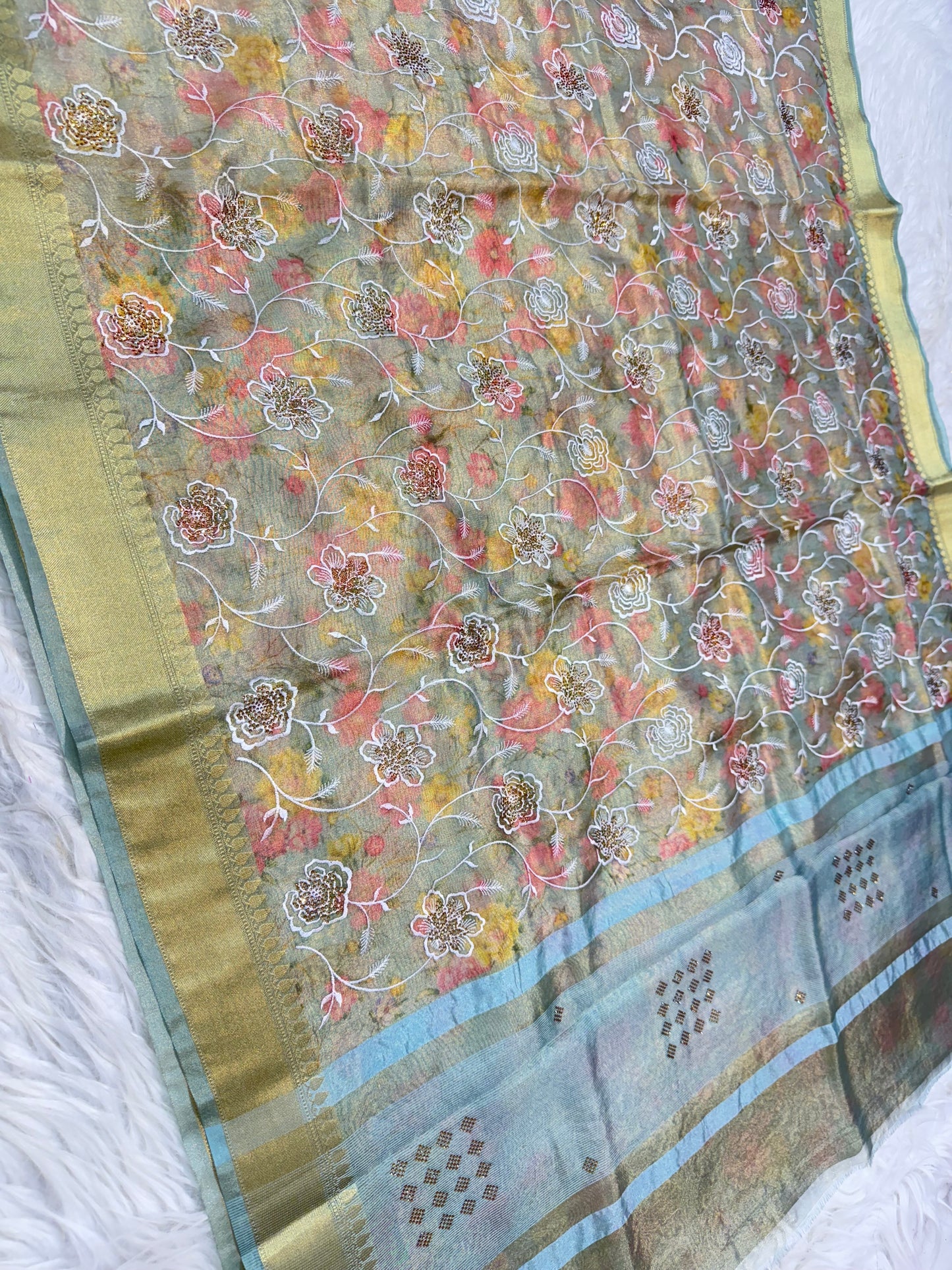 multicolour tissue silk digital print Embroidry sawroski work premium Banarasi saree
