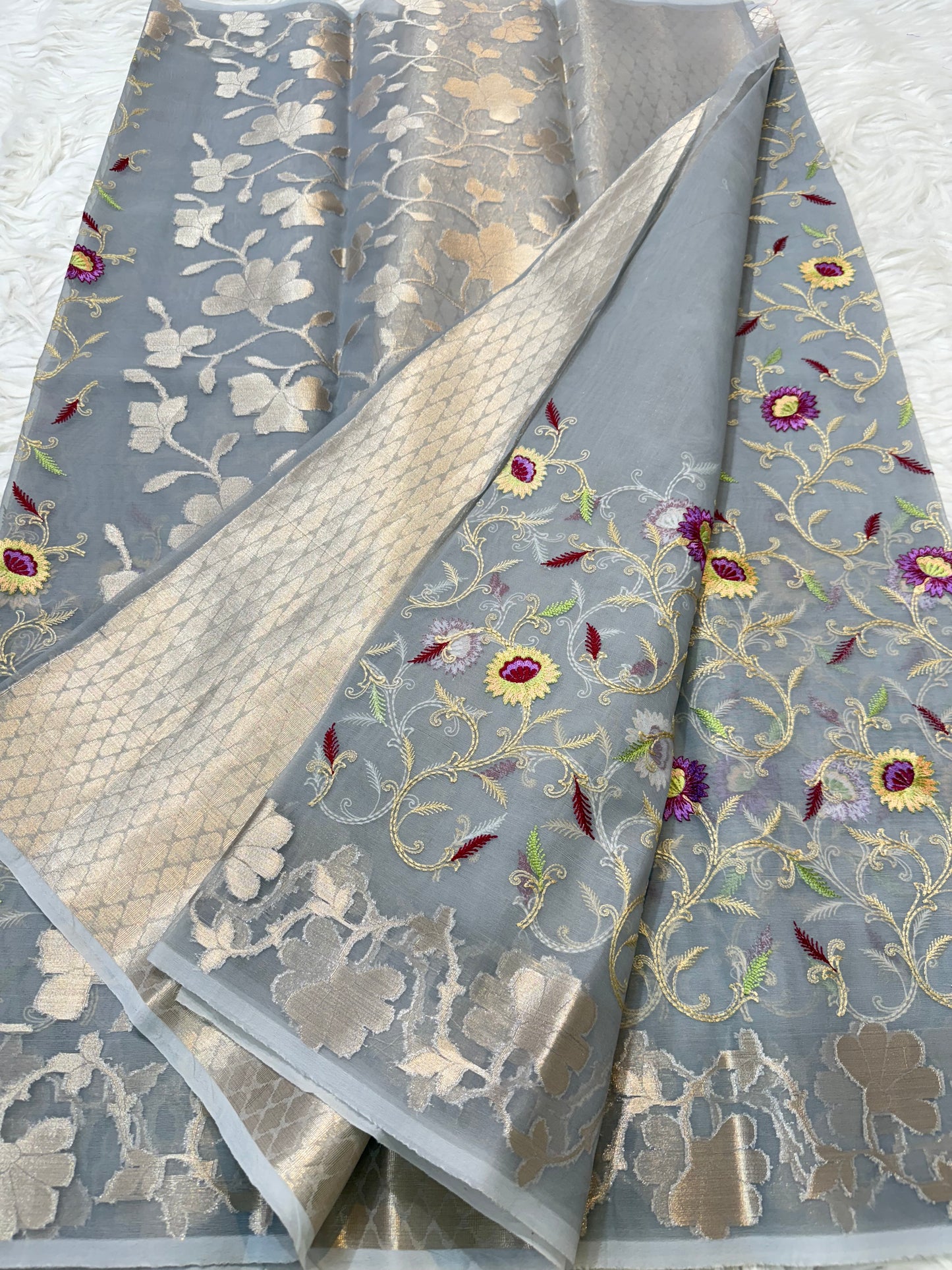 Grey kora organza embroidery Banarasi saree
