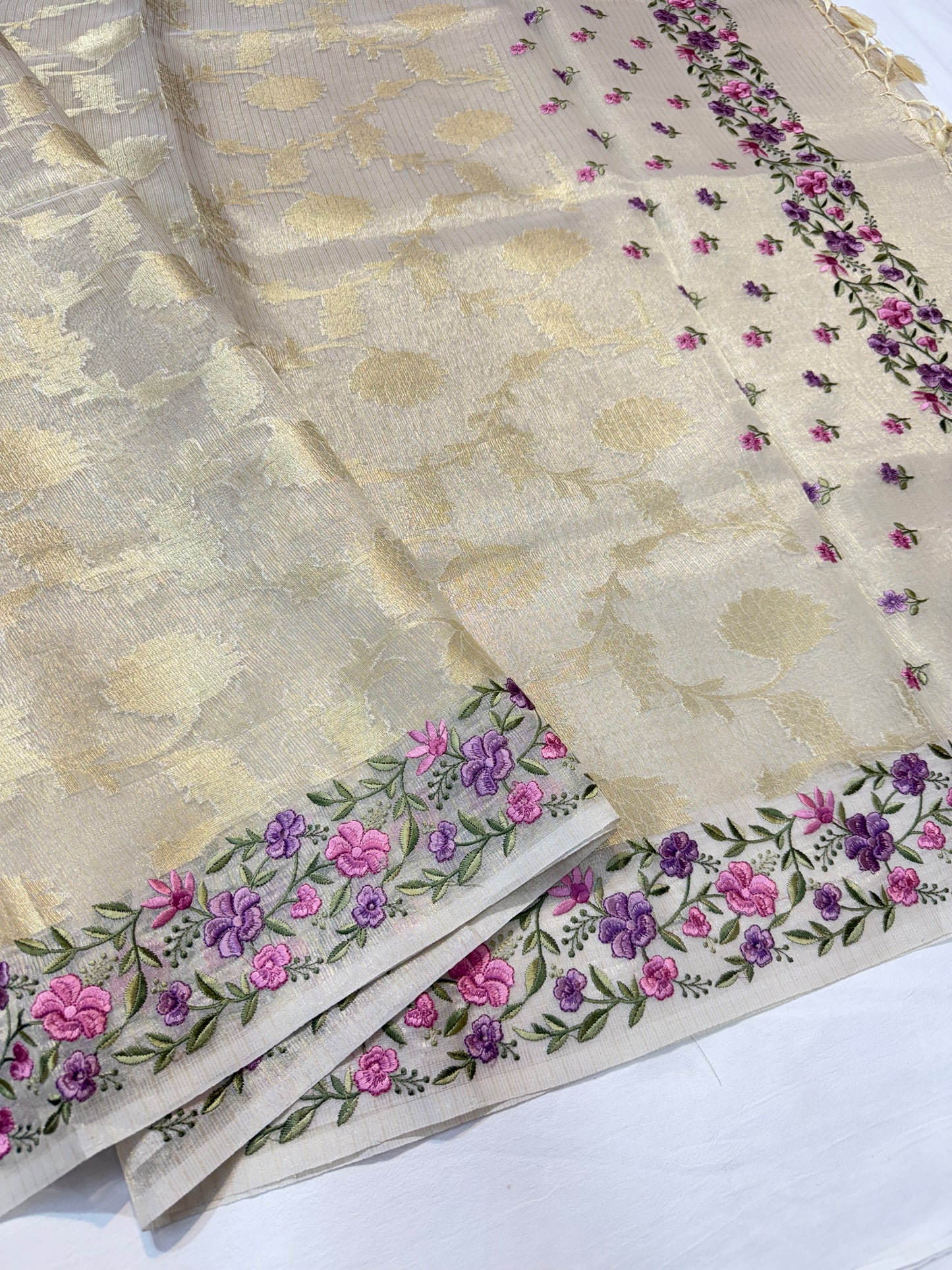 Off white shade tissue kota designer embroidery premium Banarasi saree