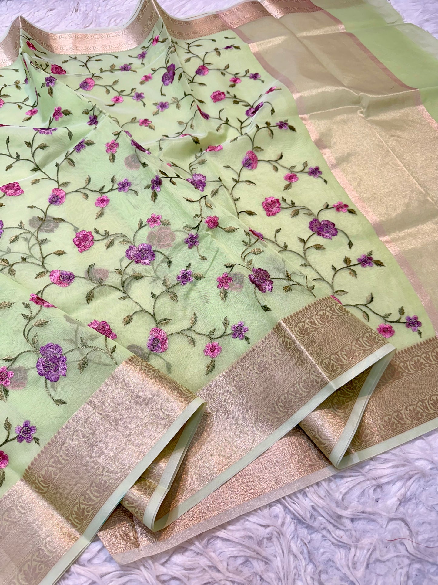 Pista green shade organza embroidery Banarasi saree