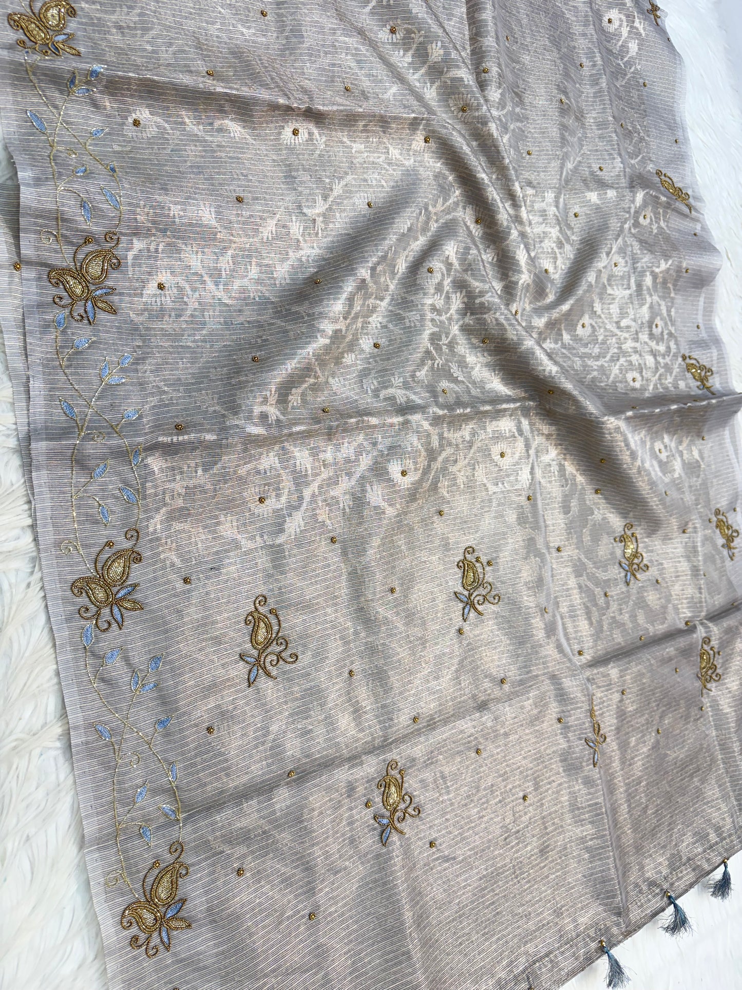 Gray shade tissue kota zardosi work premium Banarasi saree