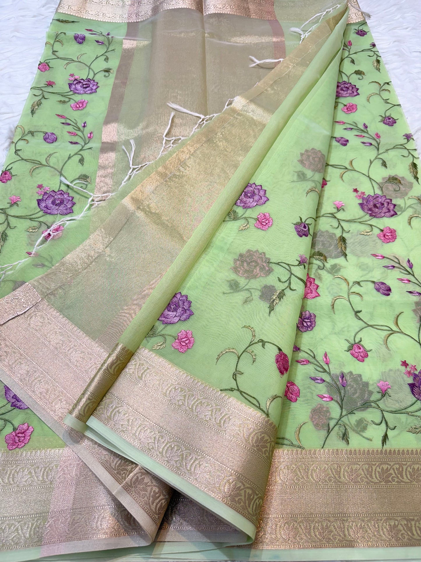 Pista green shade organza embroidery Banarasi saree