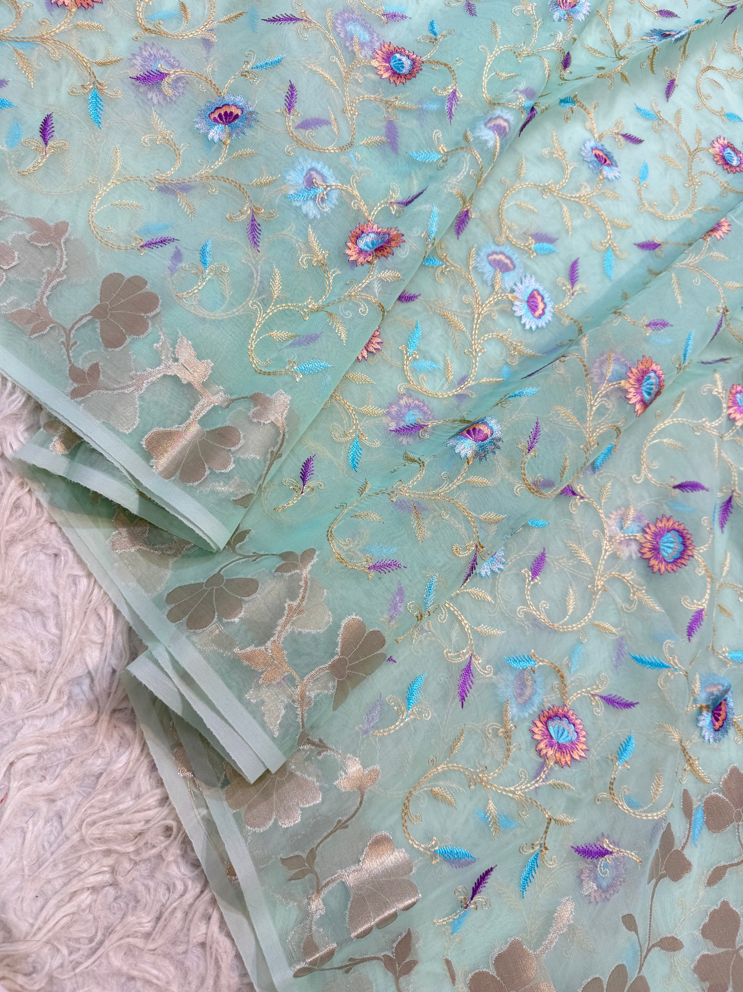 Turquoise kora organza embroidery Banarasi saree