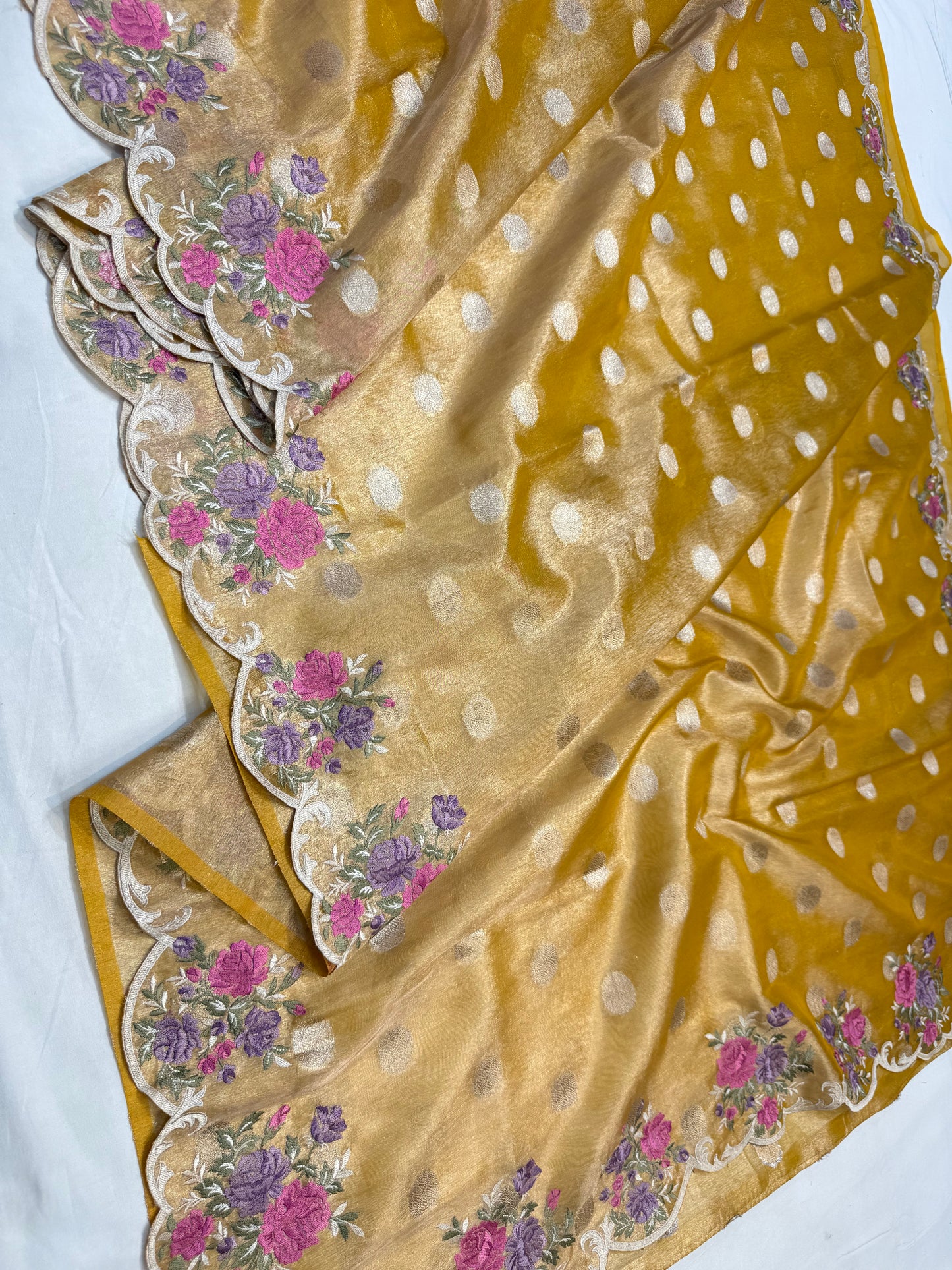 Gold tissue cutwork embroidery premium designer Banarasi saree
