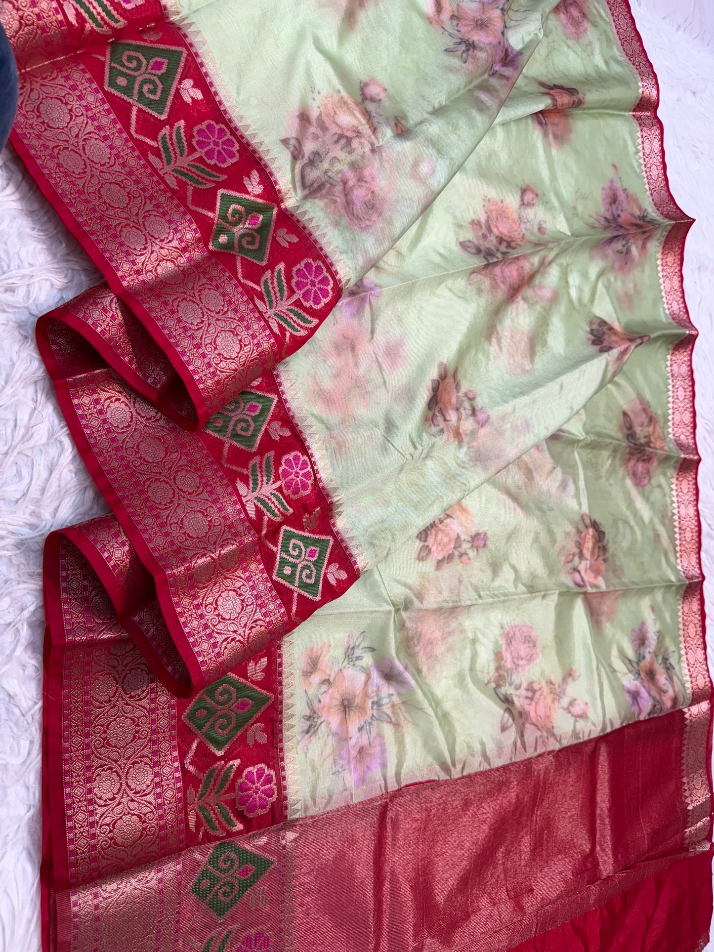 Pista green red Contrast Kora Organza Digital Print Banarasi saree