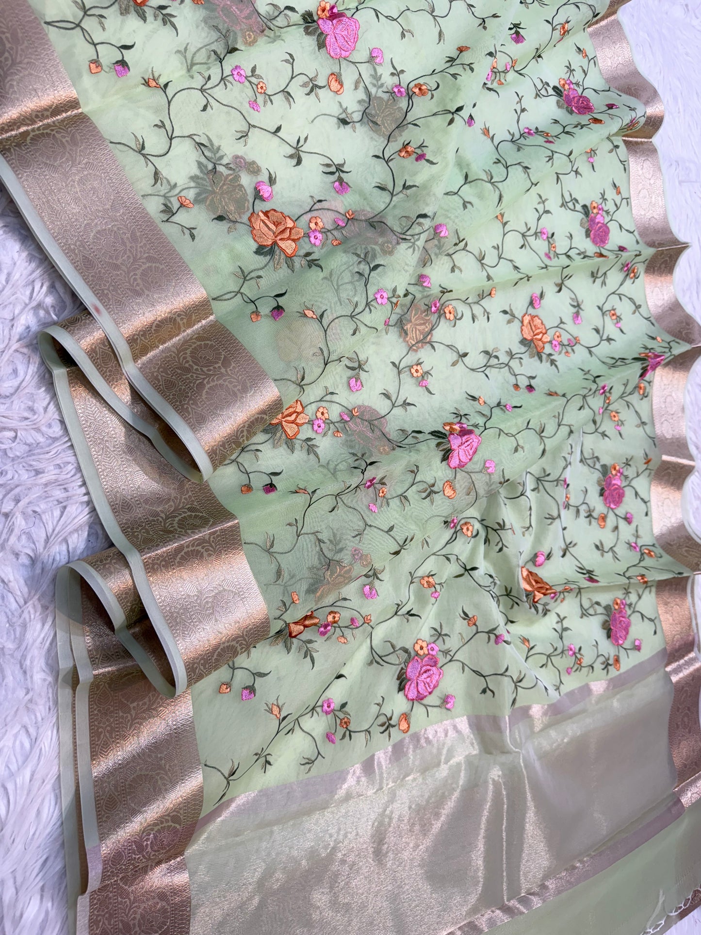 Pista green shade organza embroidery Banarasi saree