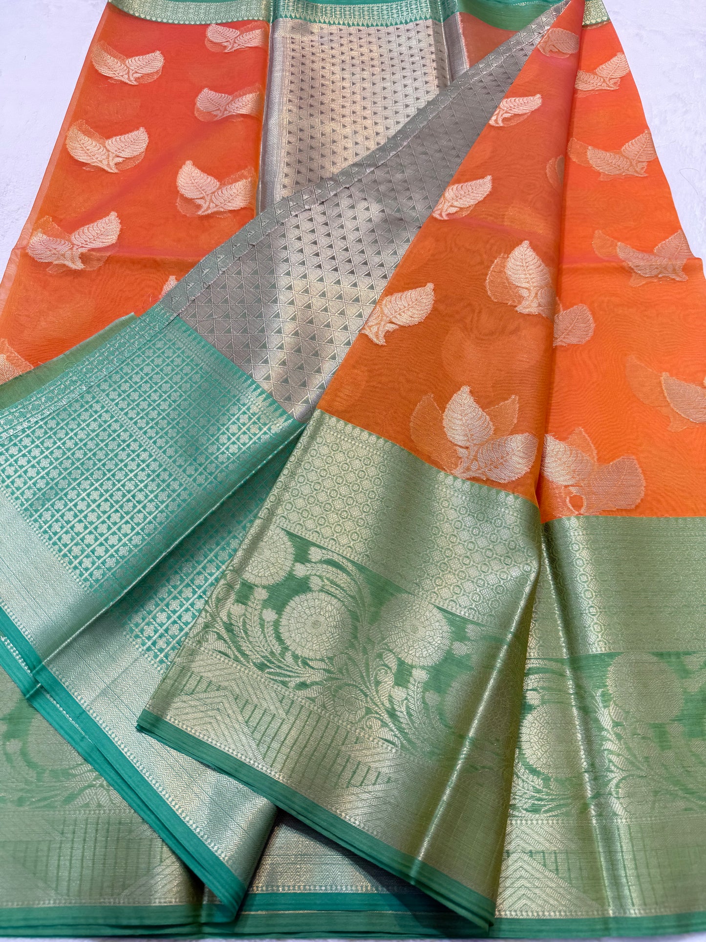Orange green shade kora organza Banarasi saree