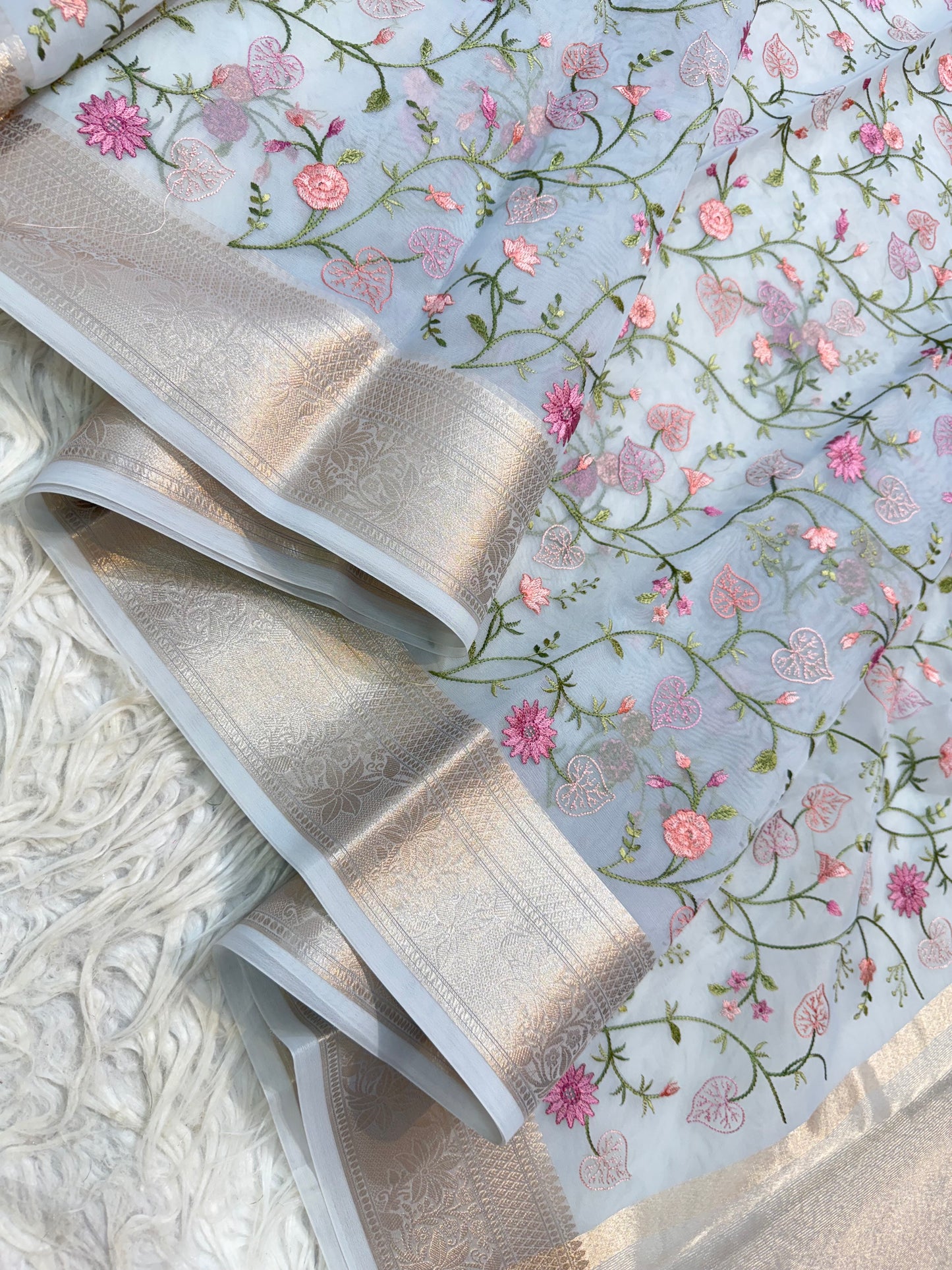 Grey shade organza embroidery Banarasi saree