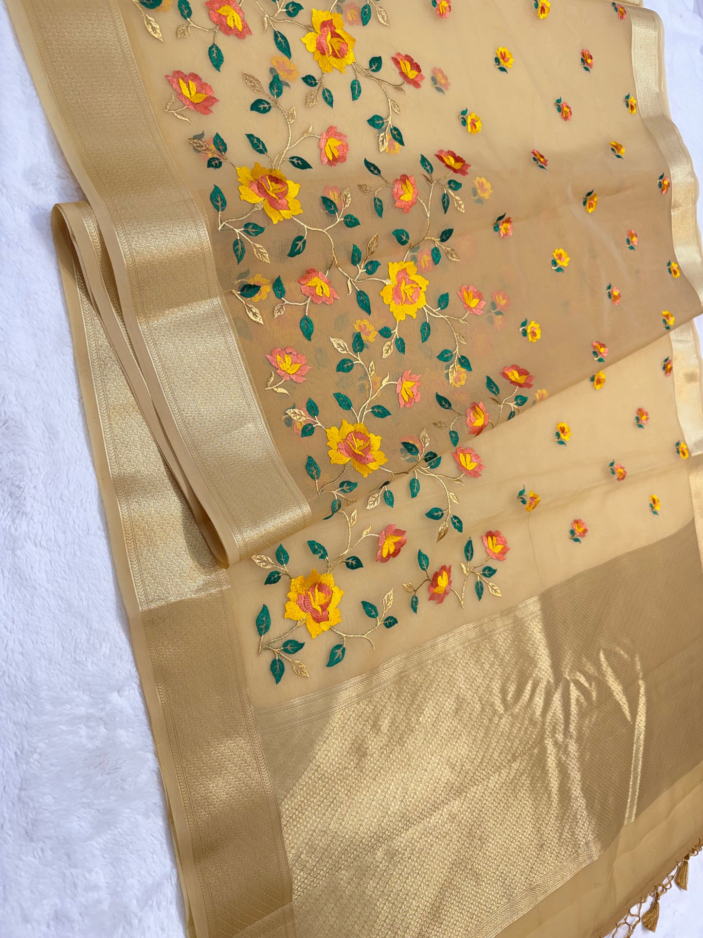 Beige shade organza designer premium embroidery Banarasi saree