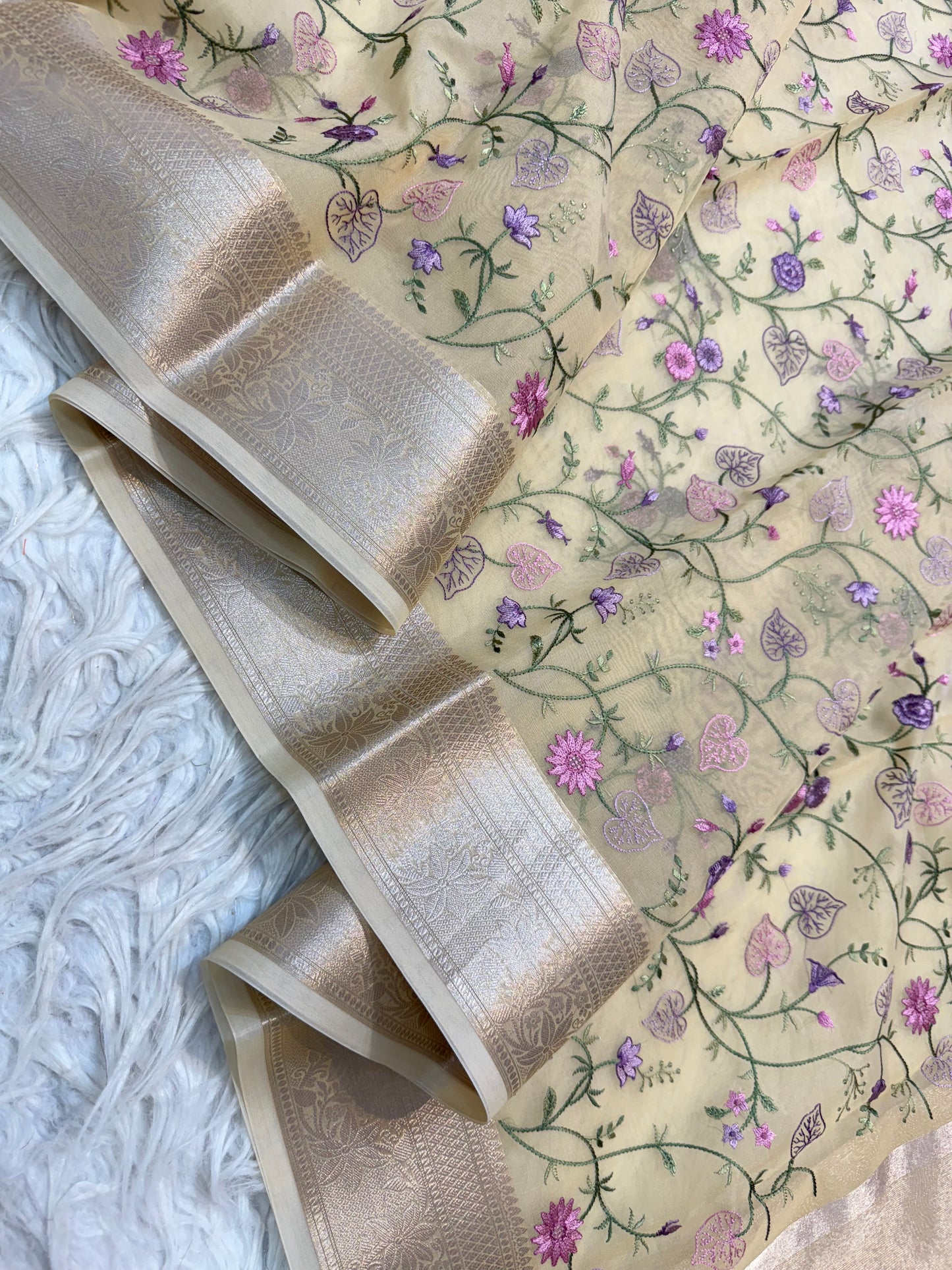 Beige shade organza embroidery Banarasi saree