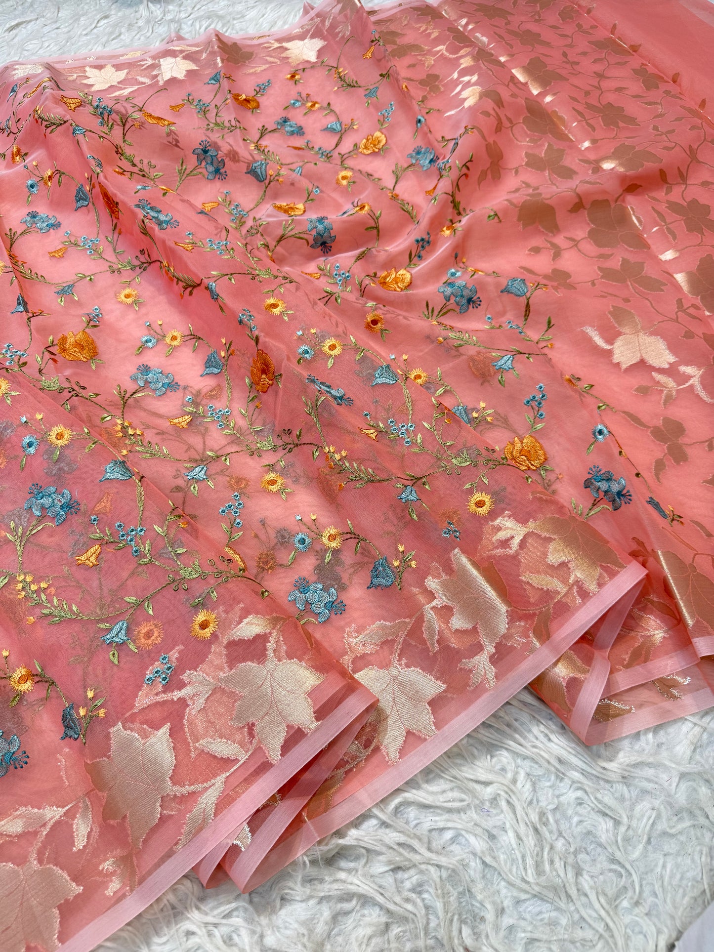 Peach shade kora organza embroidery Banarasi saree
