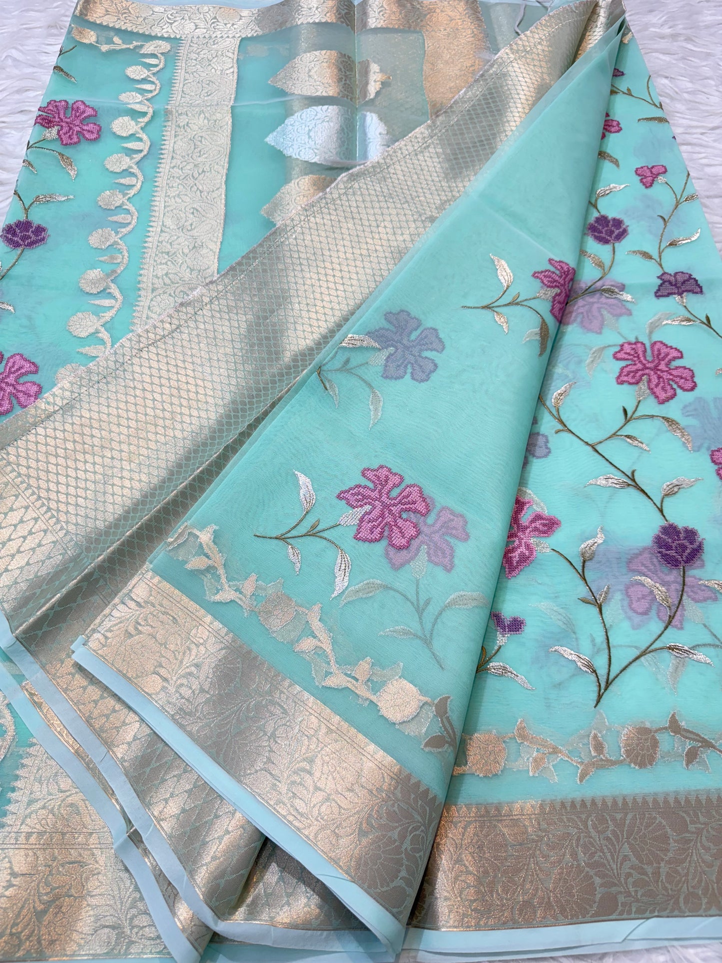 Turquoise shade kora organza embroidery Banarasi saree