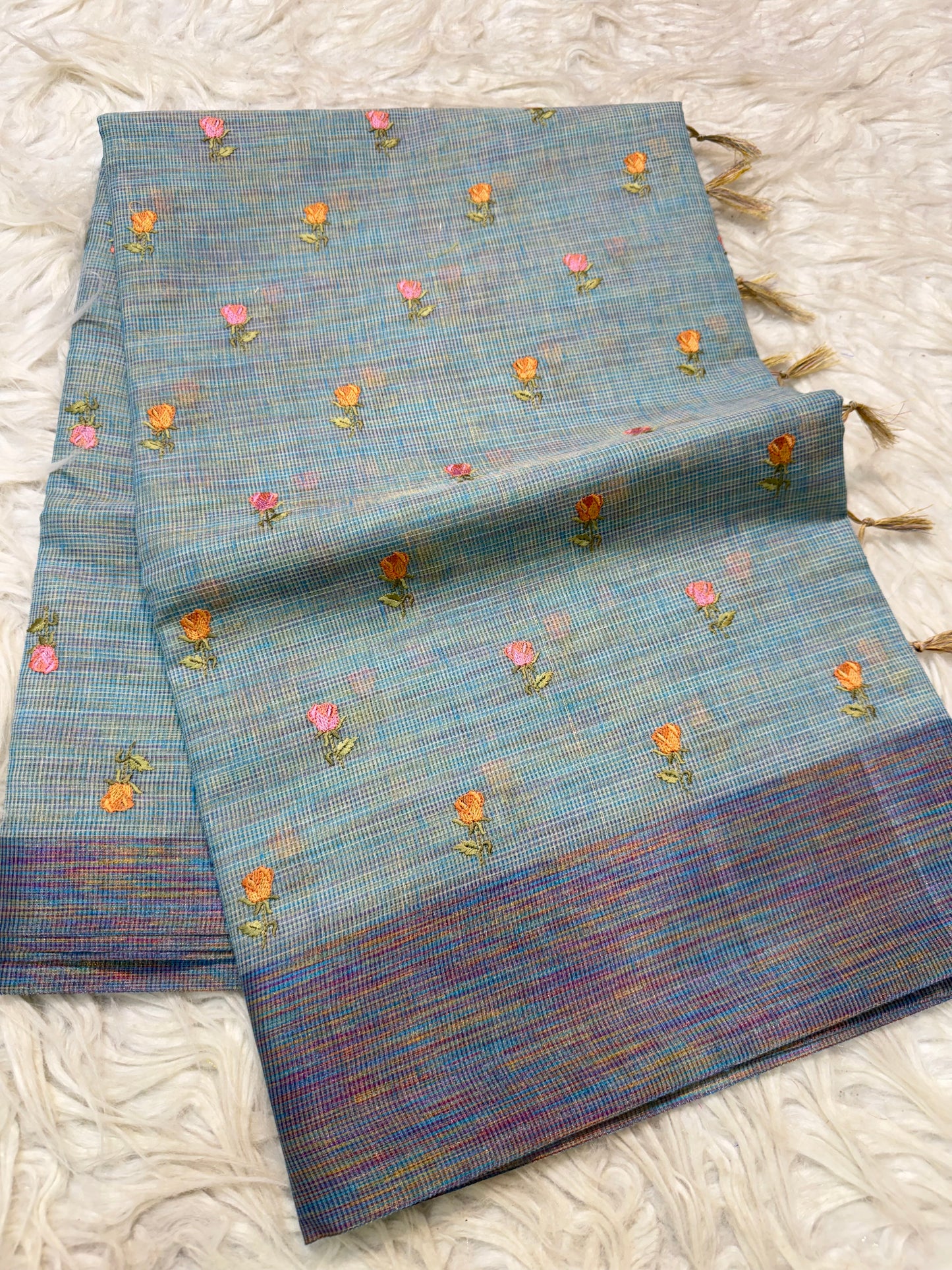 Sea green shade linen embroidery Banarasi saree