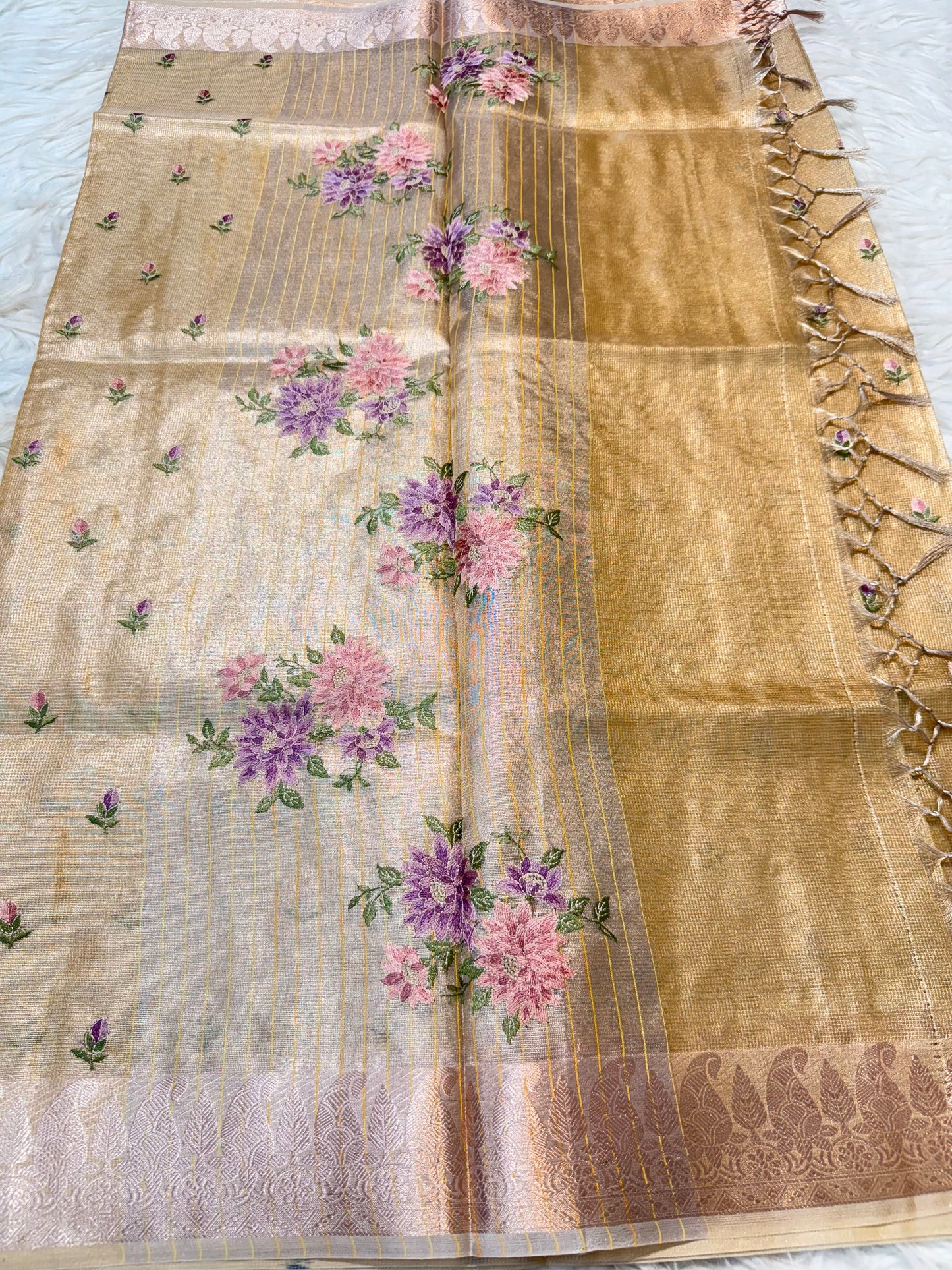 Gold shade tissue kota embroidery primum Banarasi saree