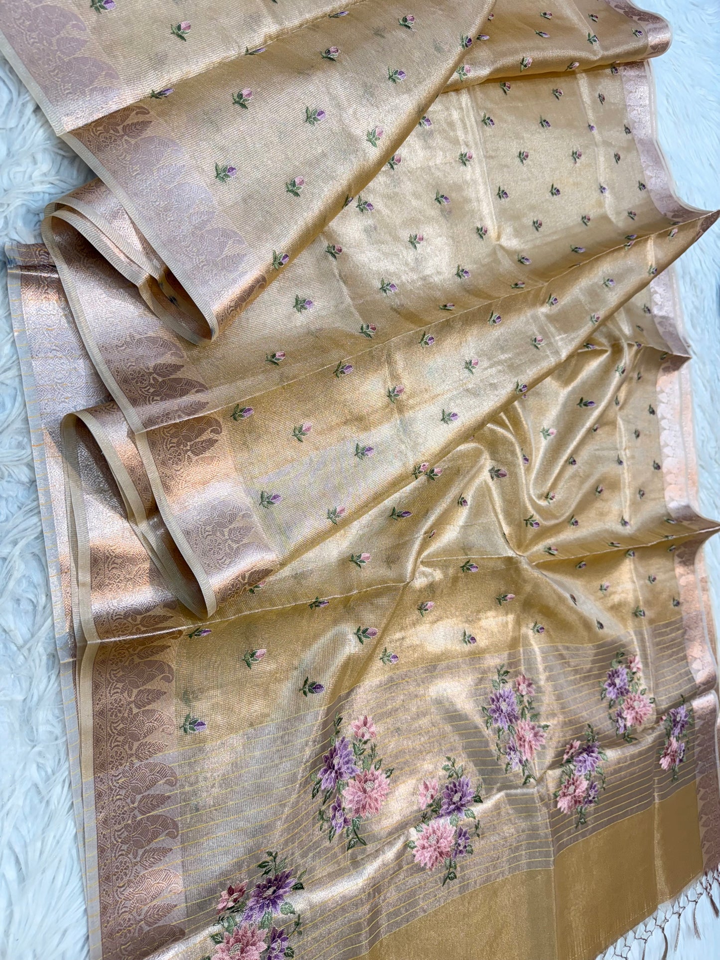 Gold shade tissue kota embroidery primum Banarasi saree