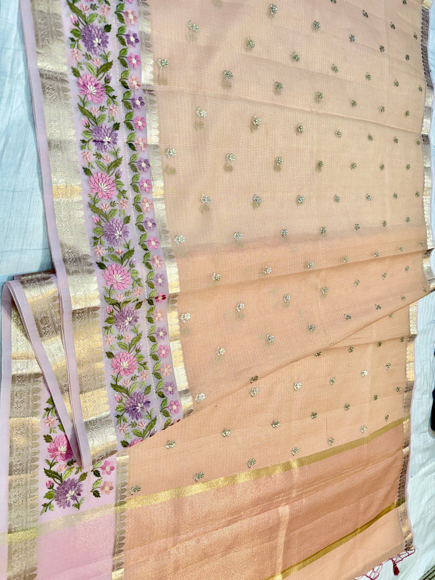 Pink shade cotton kota chickenkari embroidery Banarasi saree
