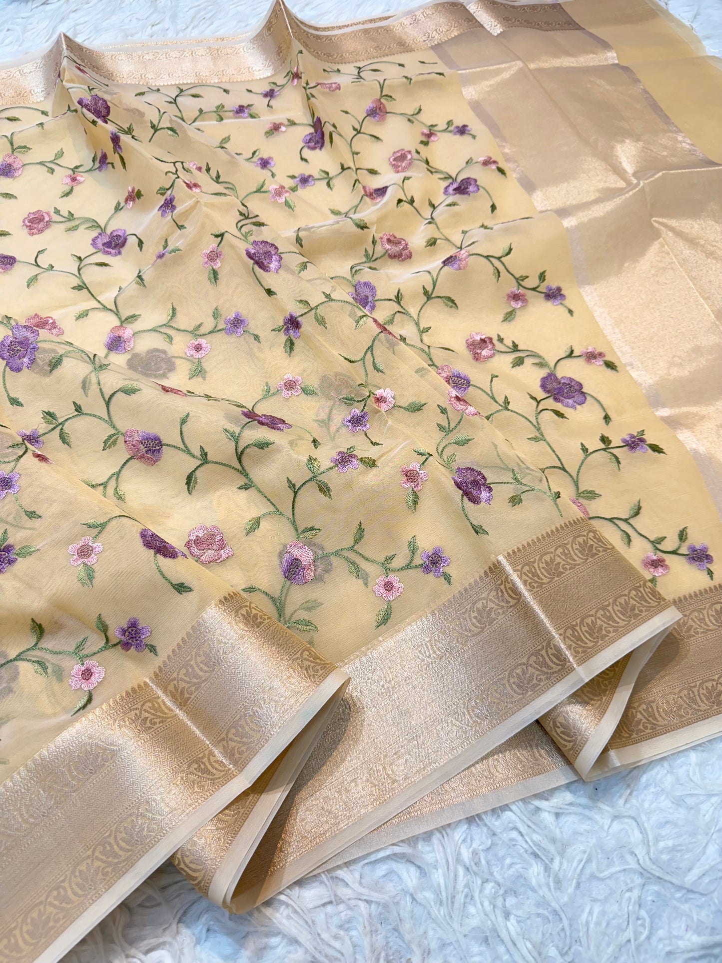 Beige shade organza embroidery Banarasi saree