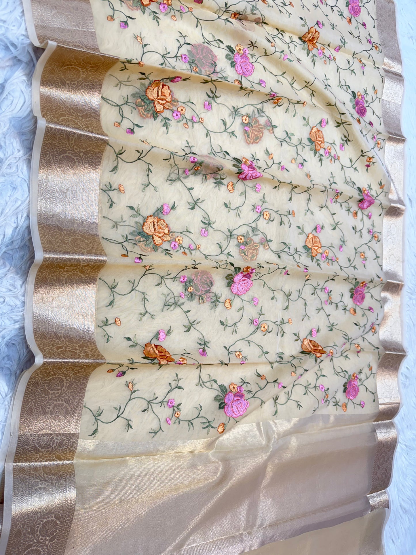 Beige shade organza embroidery Banarasi saree