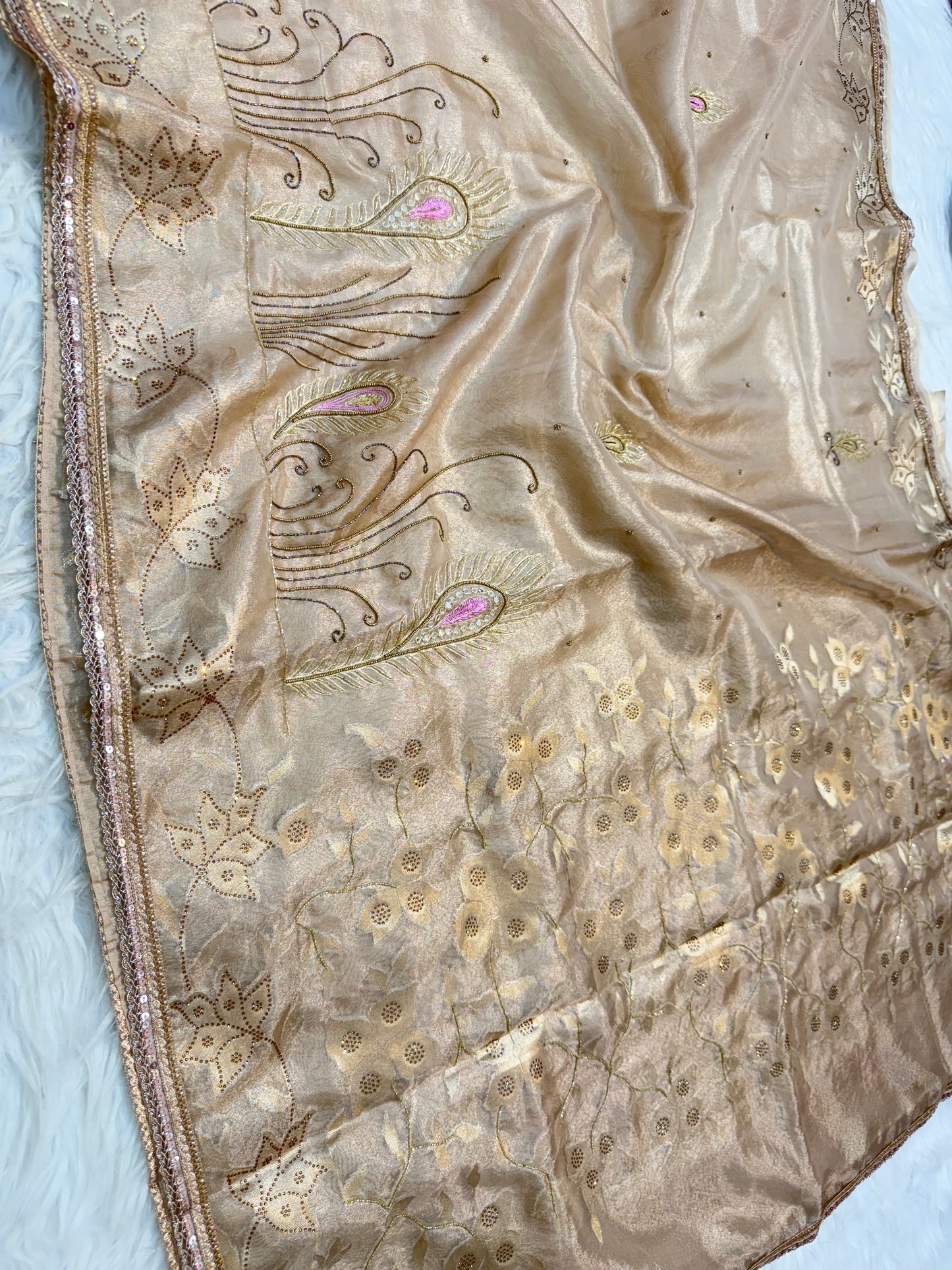 Beige shade tissue ari & zardosi work designer premium Banarasi saree