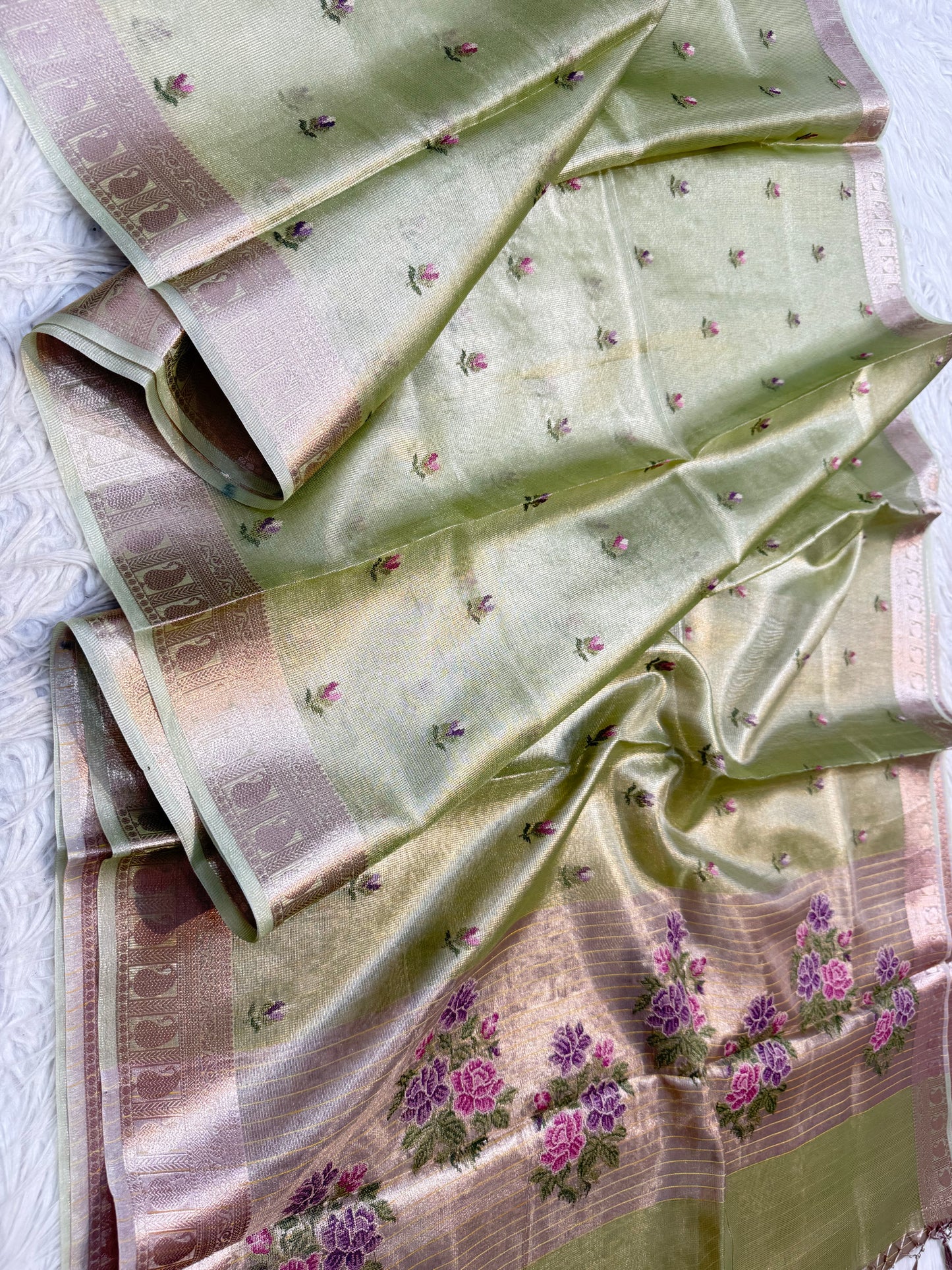 Pista green shade tissue kota embroidery primum Banarasi saree