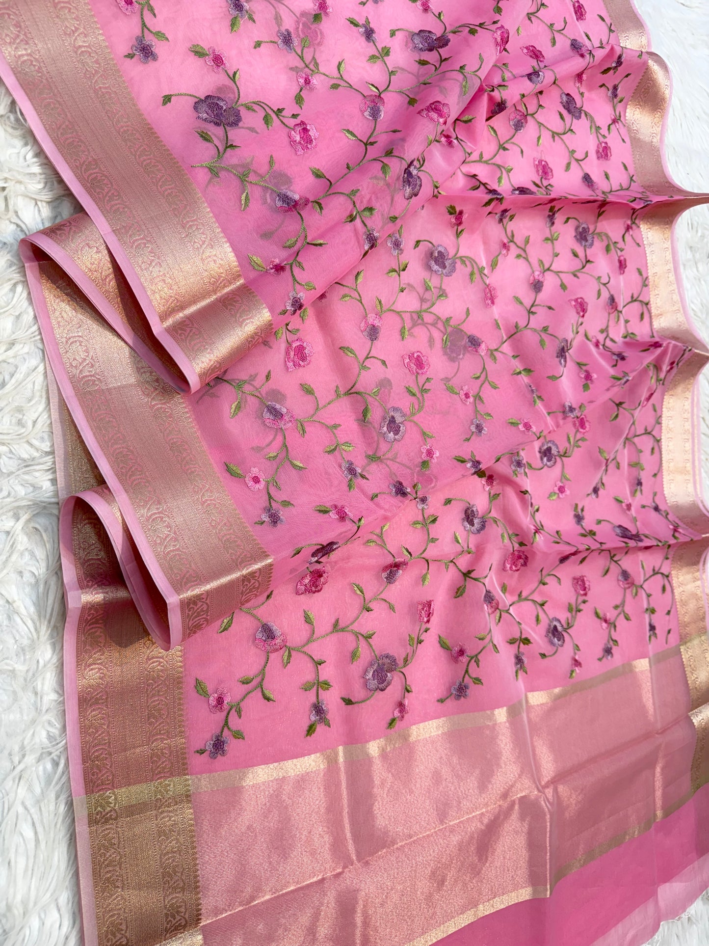 Pink organza embroidery Banarasi saree