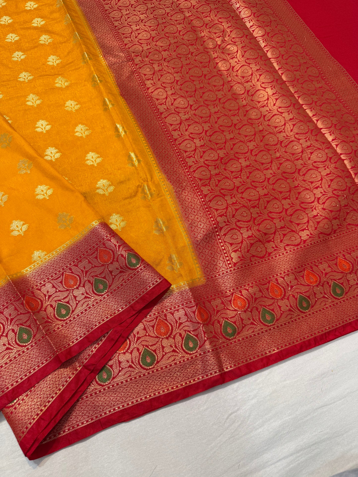 Mango red shade Dupion Silk premium Banarasi Saree