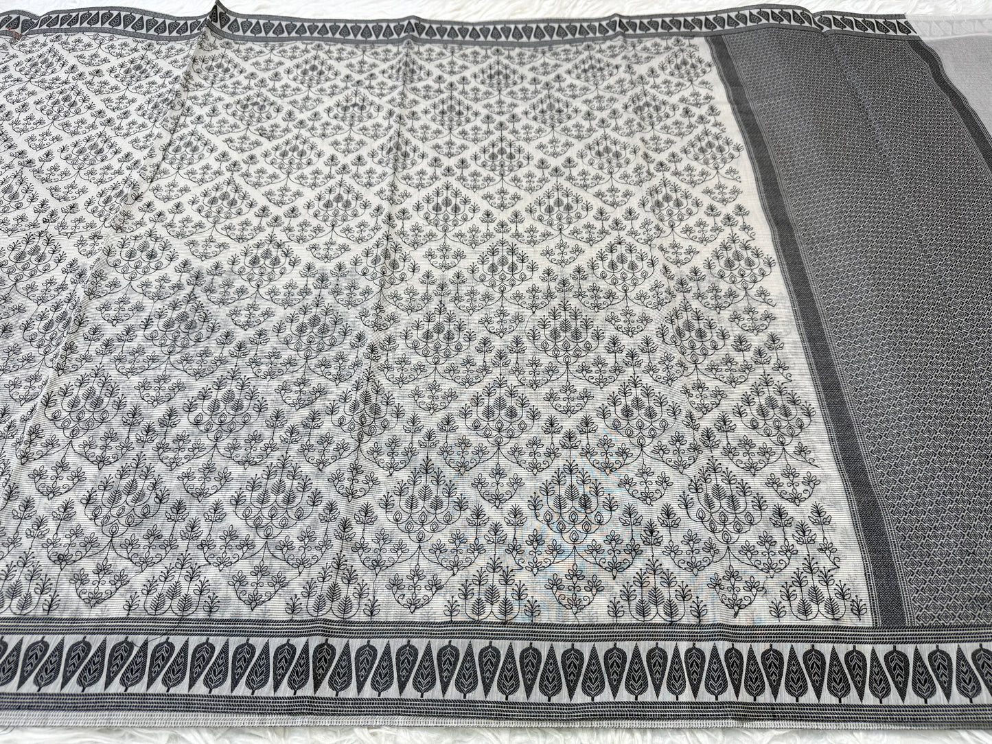 Grey shade cotton kota chickenkari embroidery Banarasi saree
