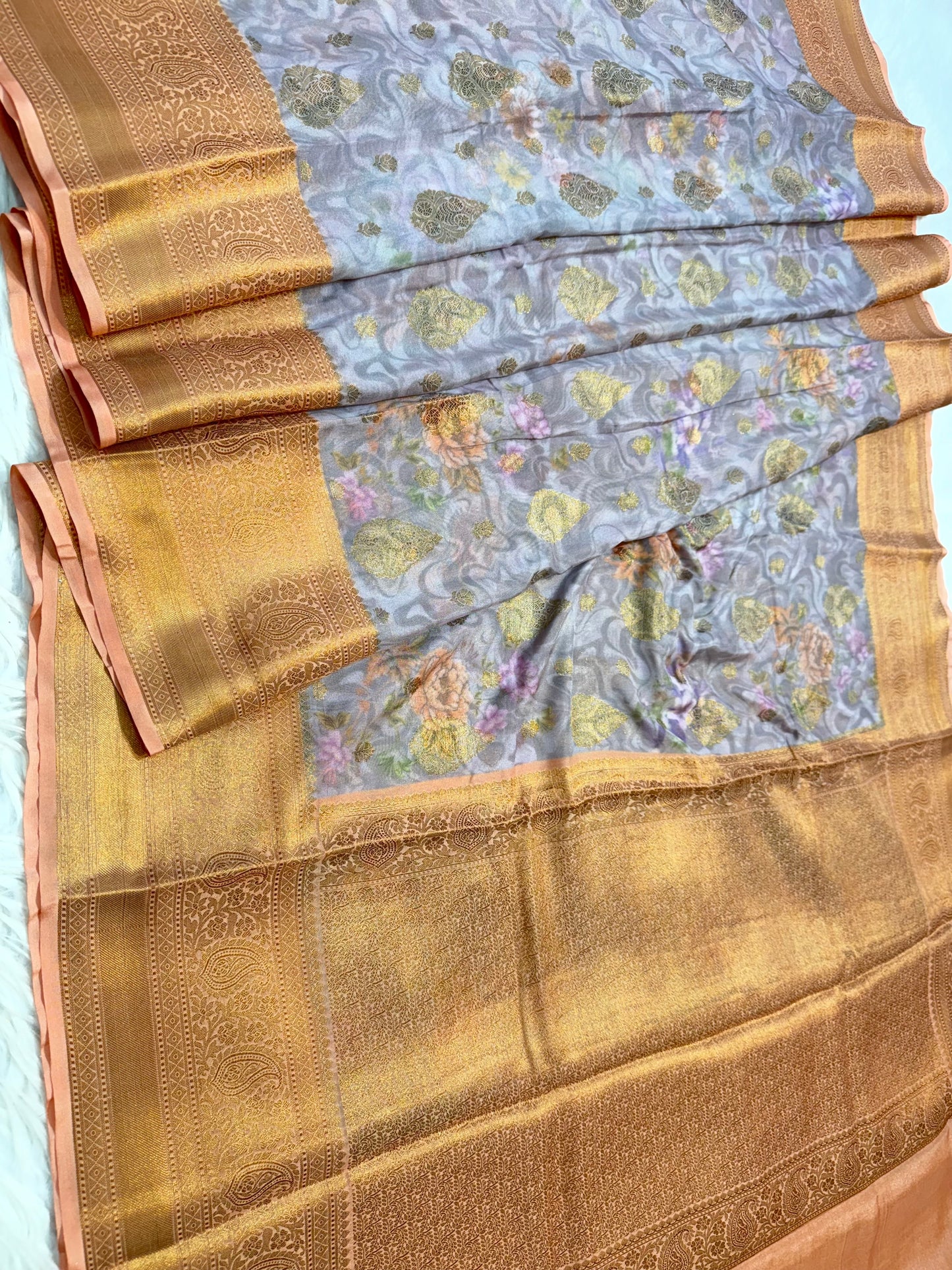 Grey peach & multicolour shade georgatte digital print Banarasi saree