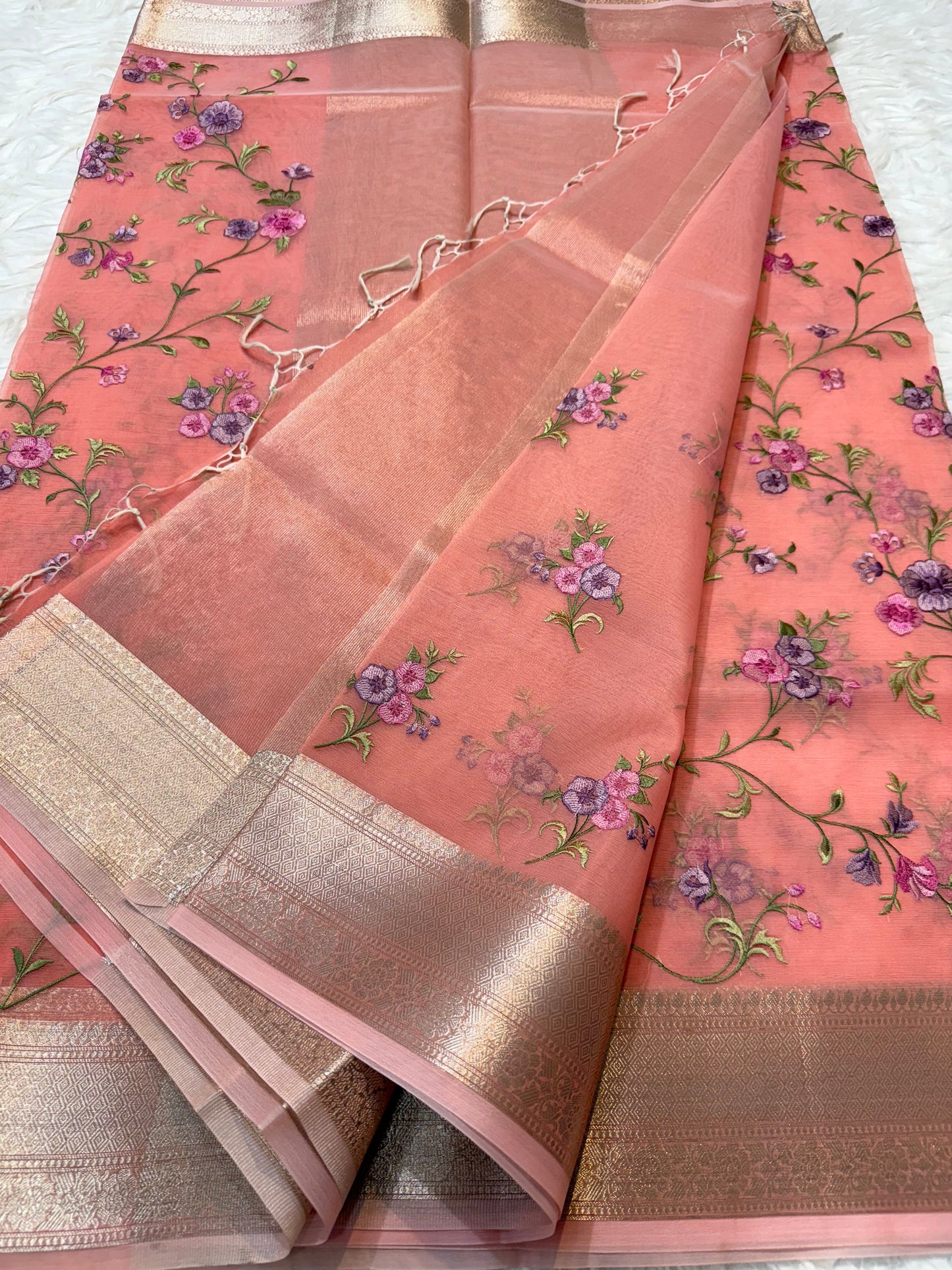 Peach shade organza embroidery Banarasi saree
