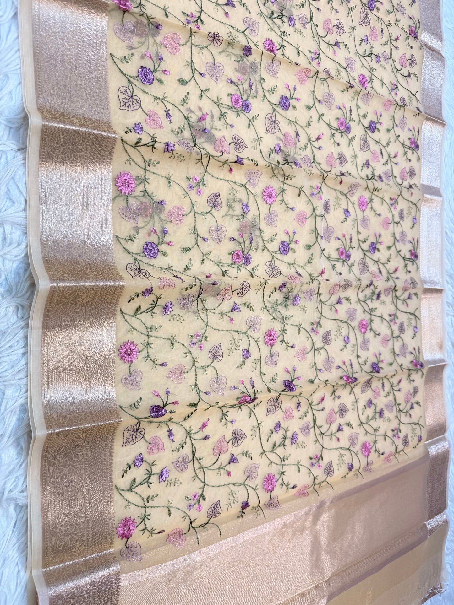 Beige shade organza embroidery Banarasi saree