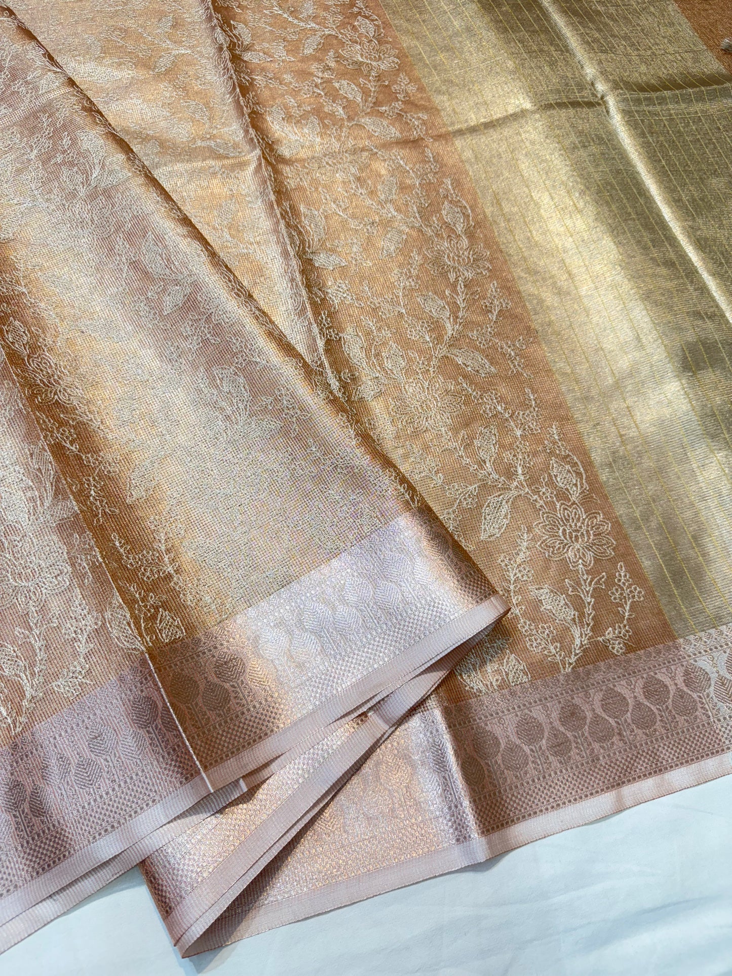 Pink shade tissue kota embroidery primum Banarasi saree