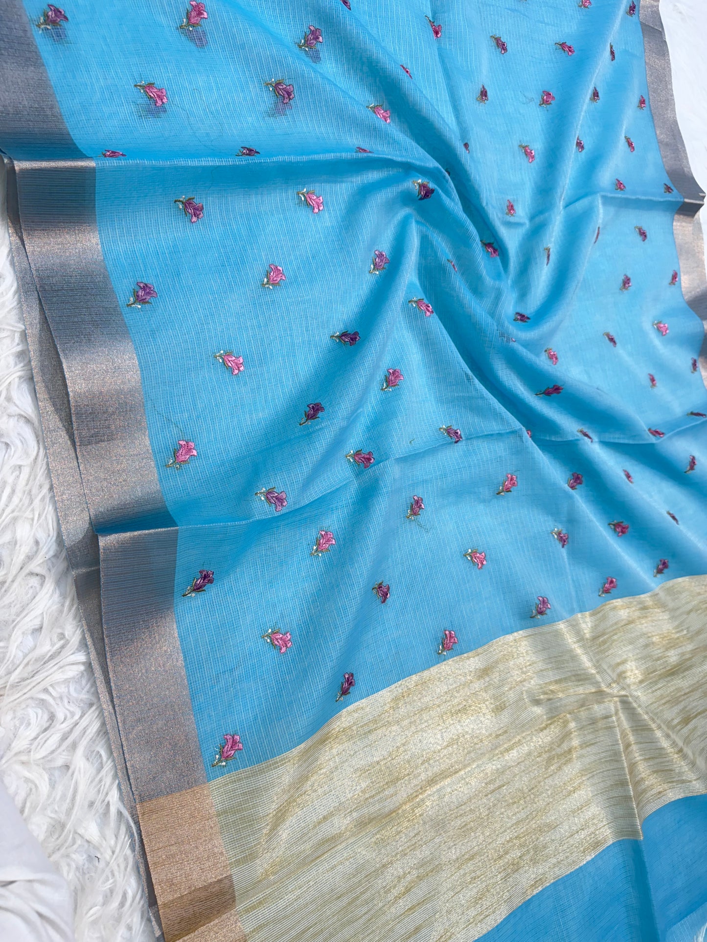 Sky blue shade cotton kota embroidery Banarasi saree