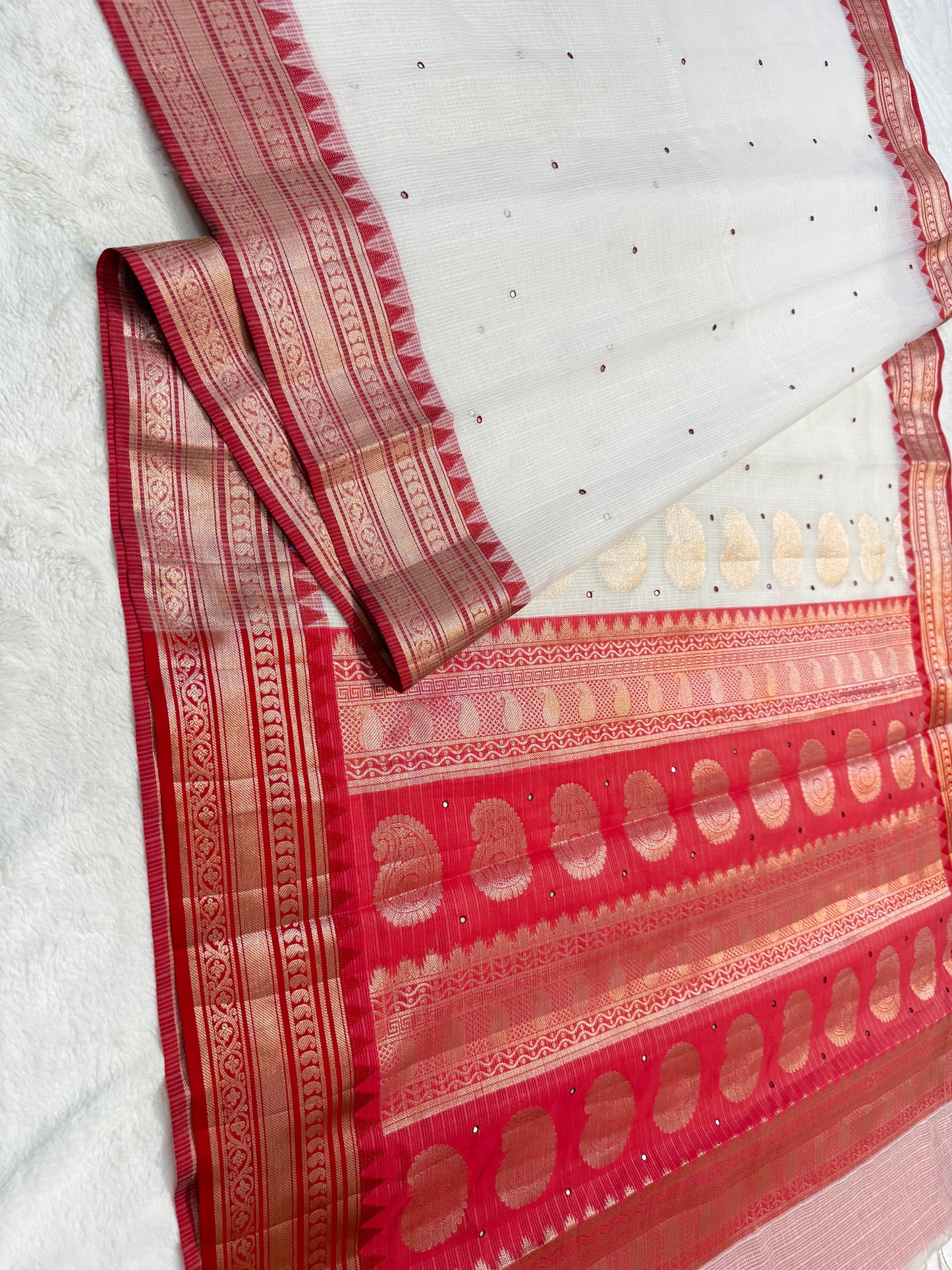 White & red kota mirror work premium Banarasi saree