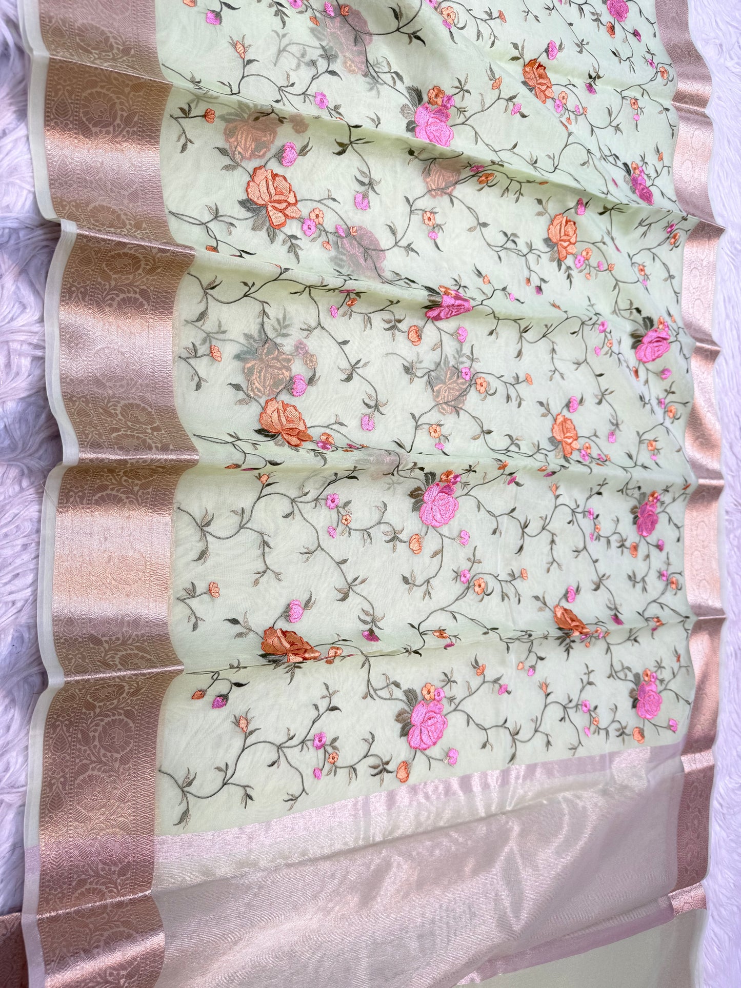 Pista green shade organza embroidery Banarasi saree