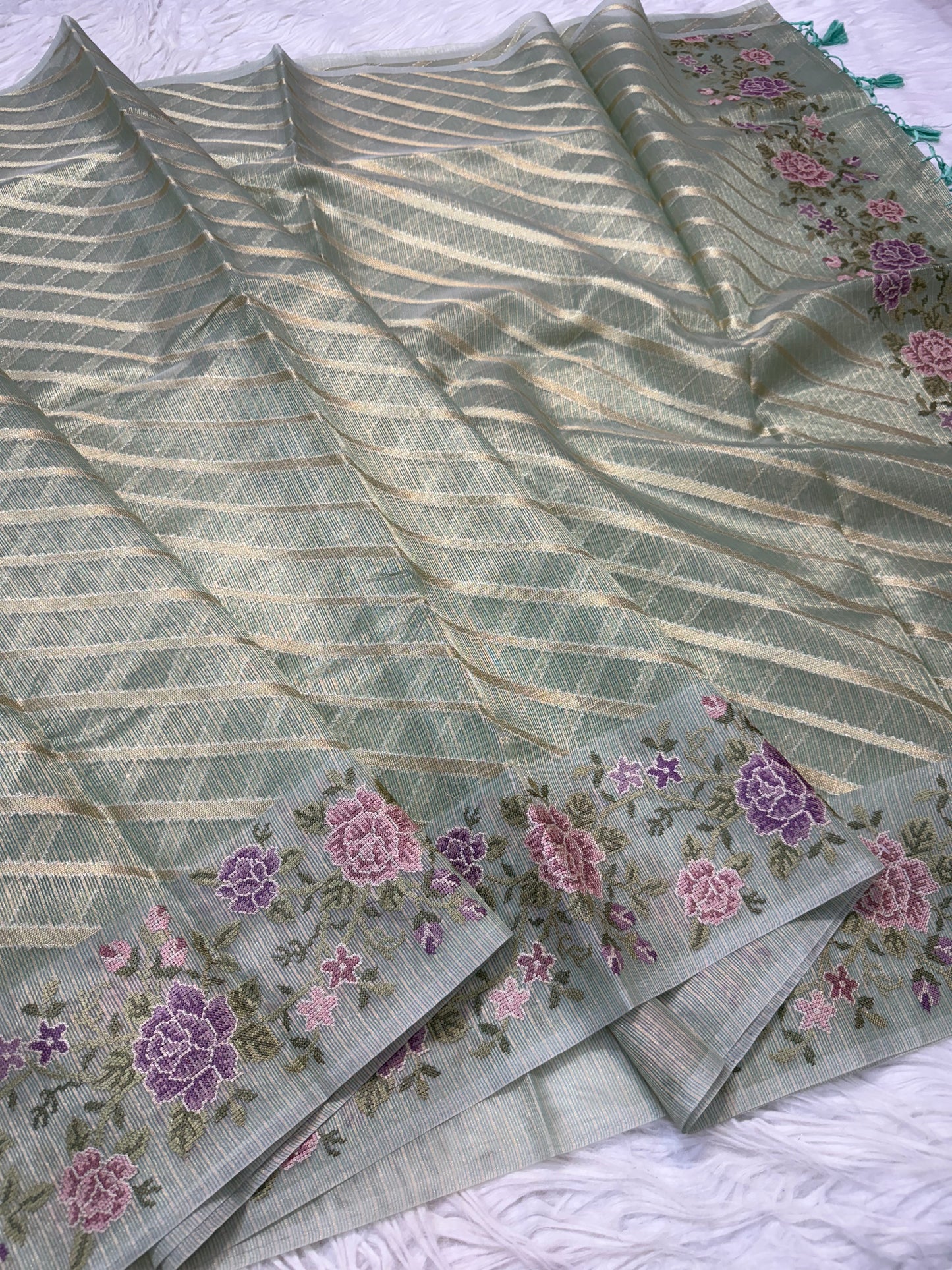Pista green shade tissue kota embroidery primum Banarasi saree