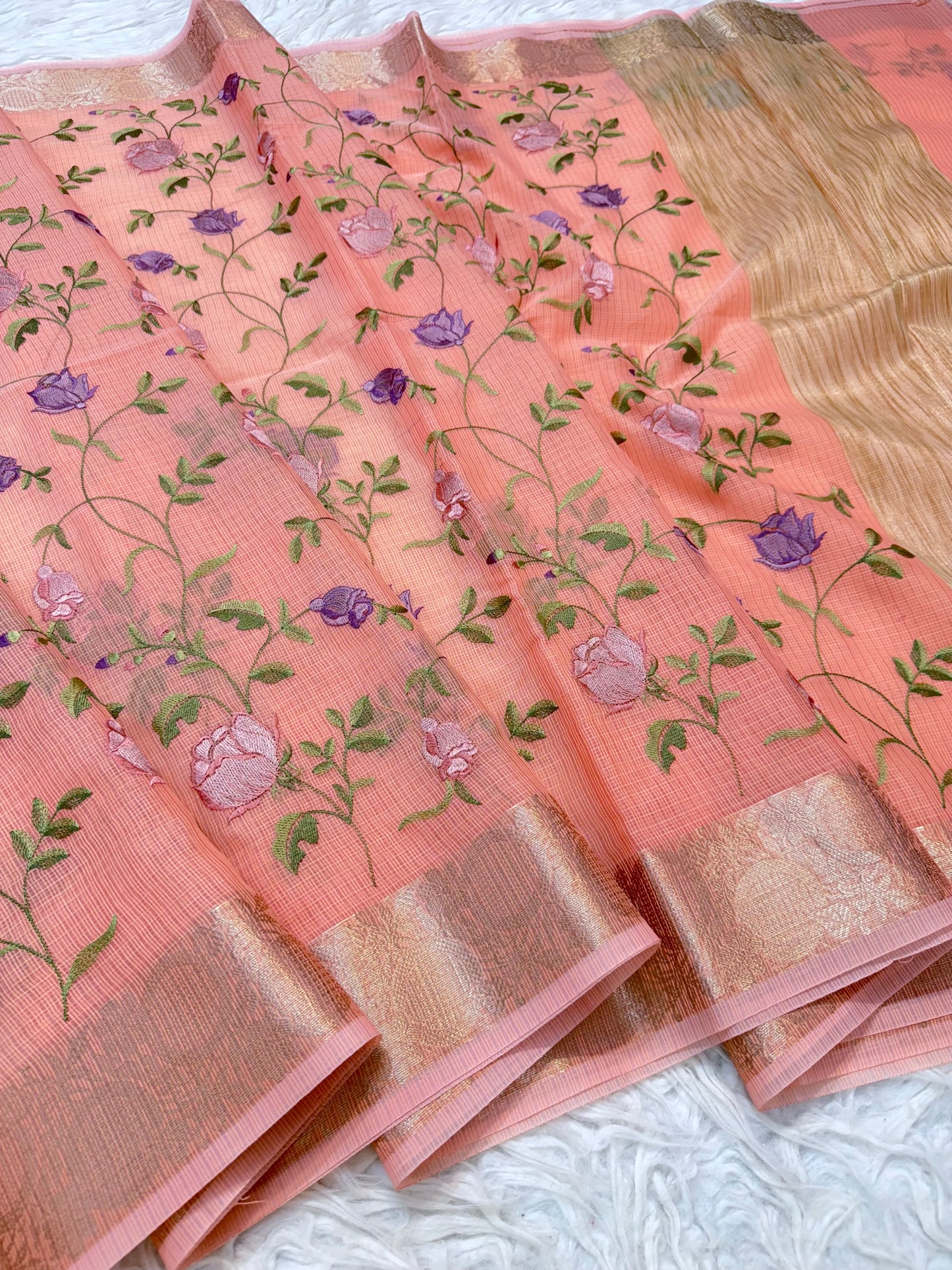 Peach shade cotton kota embroidery Banarasi saree