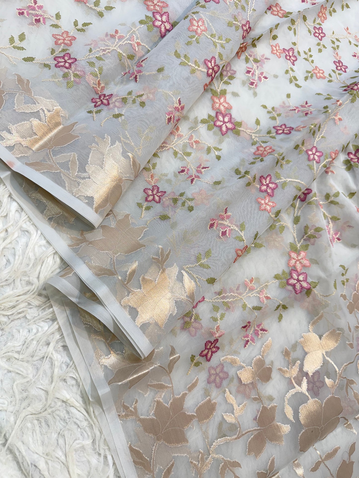 Grey shade kora organza embroidery Banarasi saree