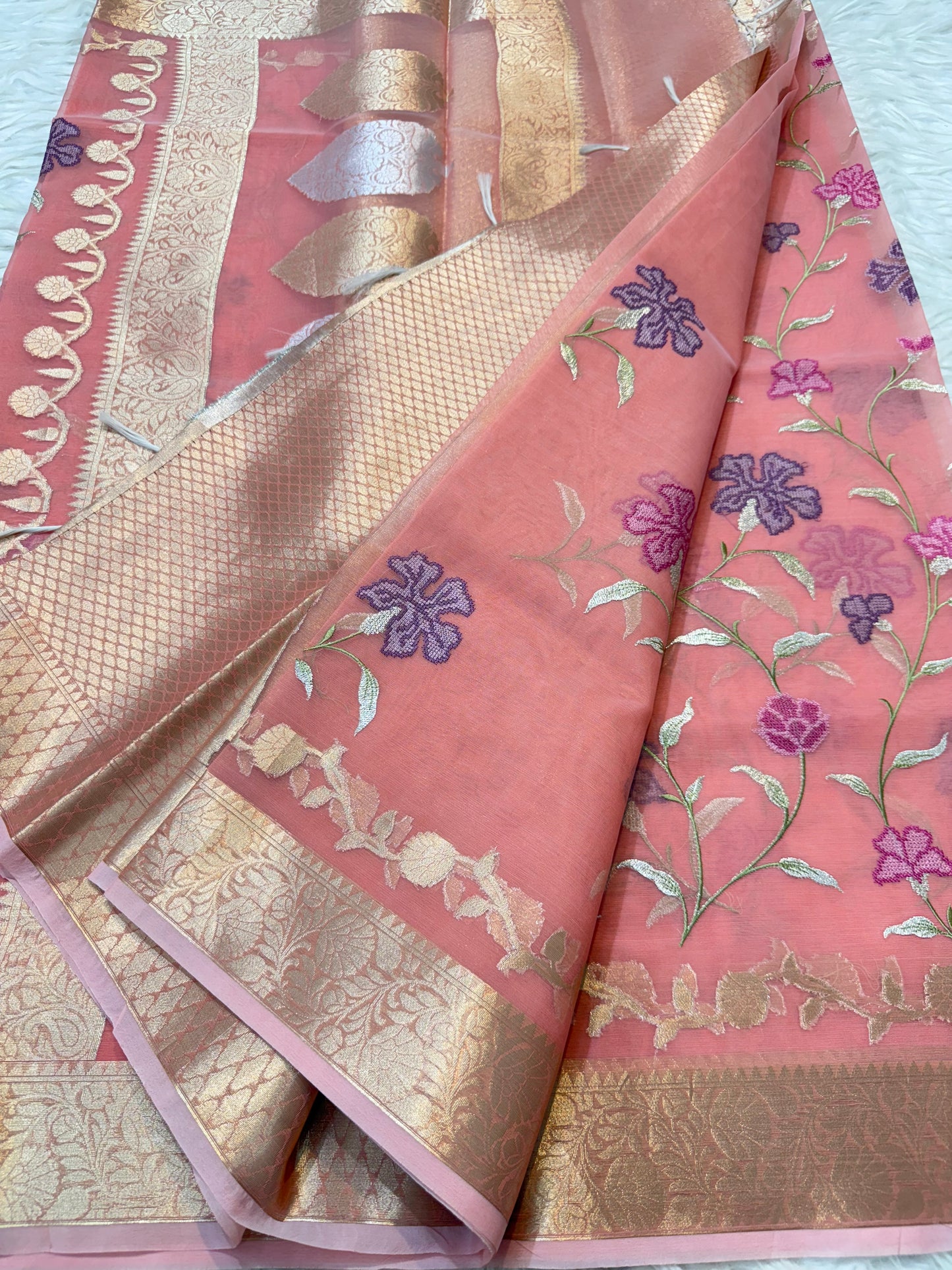 Peach shade kora organza embroidery Banarasi saree