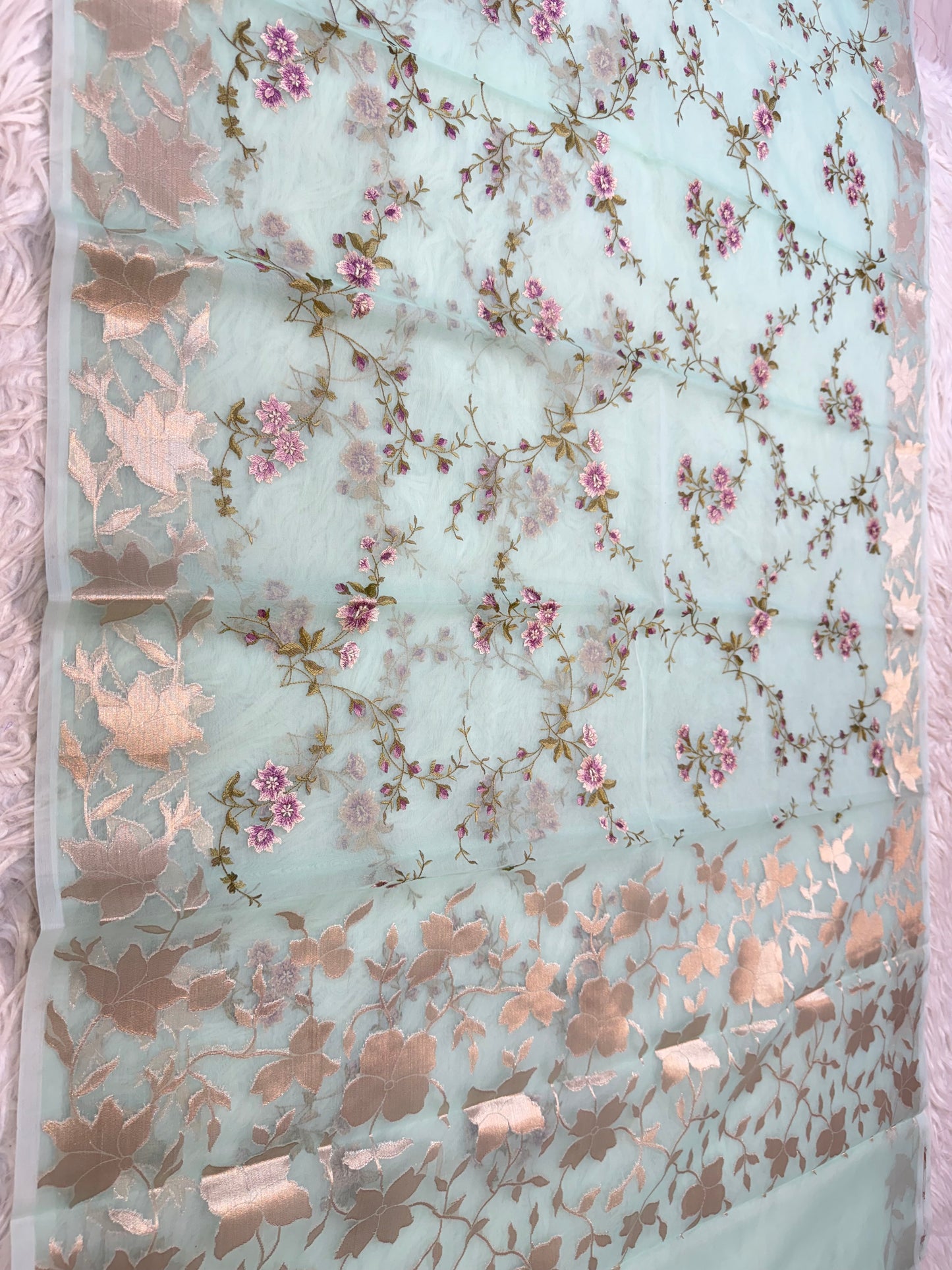 Turquoise shade kora organza embroidery Banarasi saree
