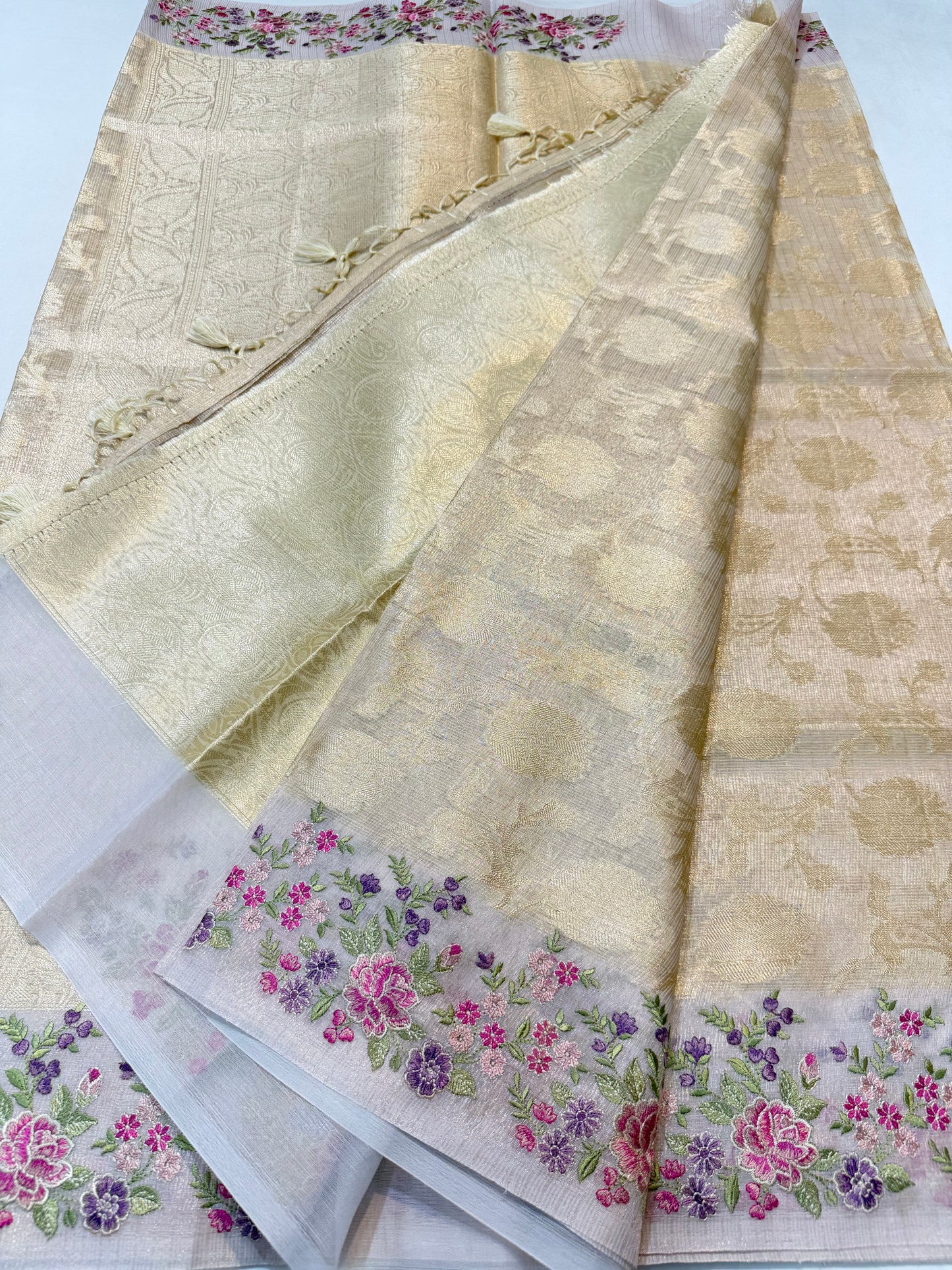 Off white shade tissue kota embroidery Banarasi saree