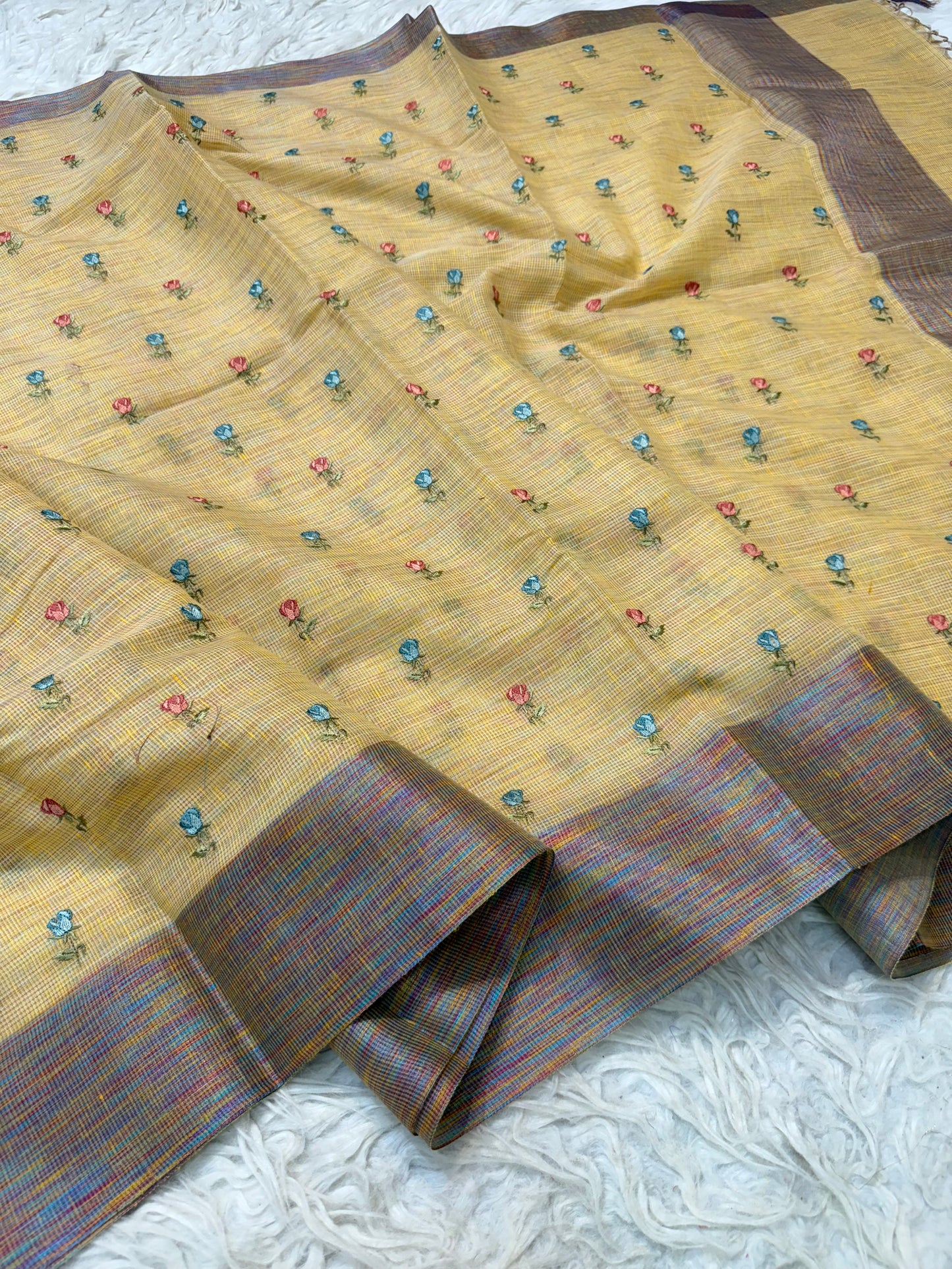 Mustard shade linen embroidery Banarasi saree