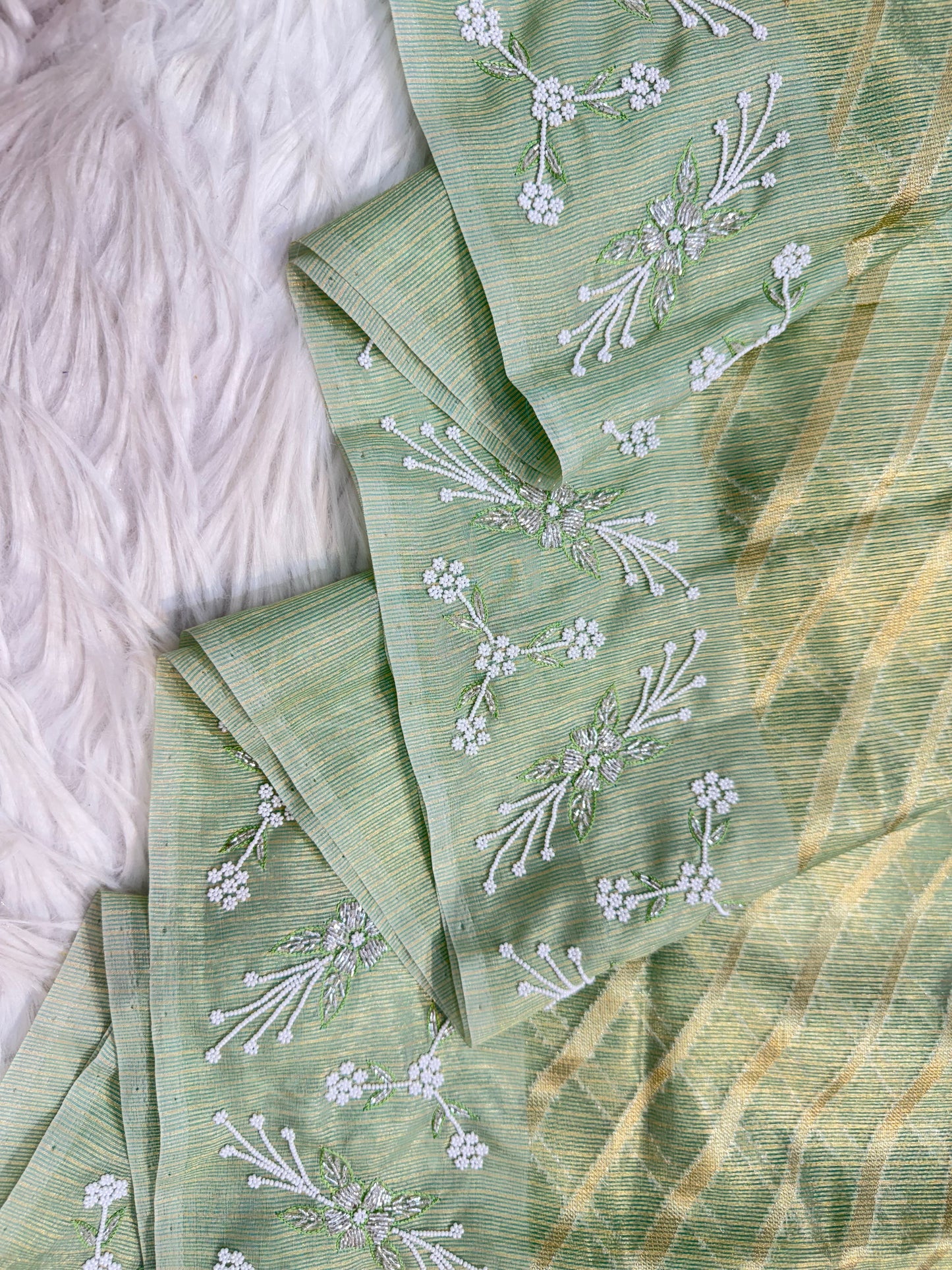 Pista green shade tissue kota zardosi work premium Banarasi saree