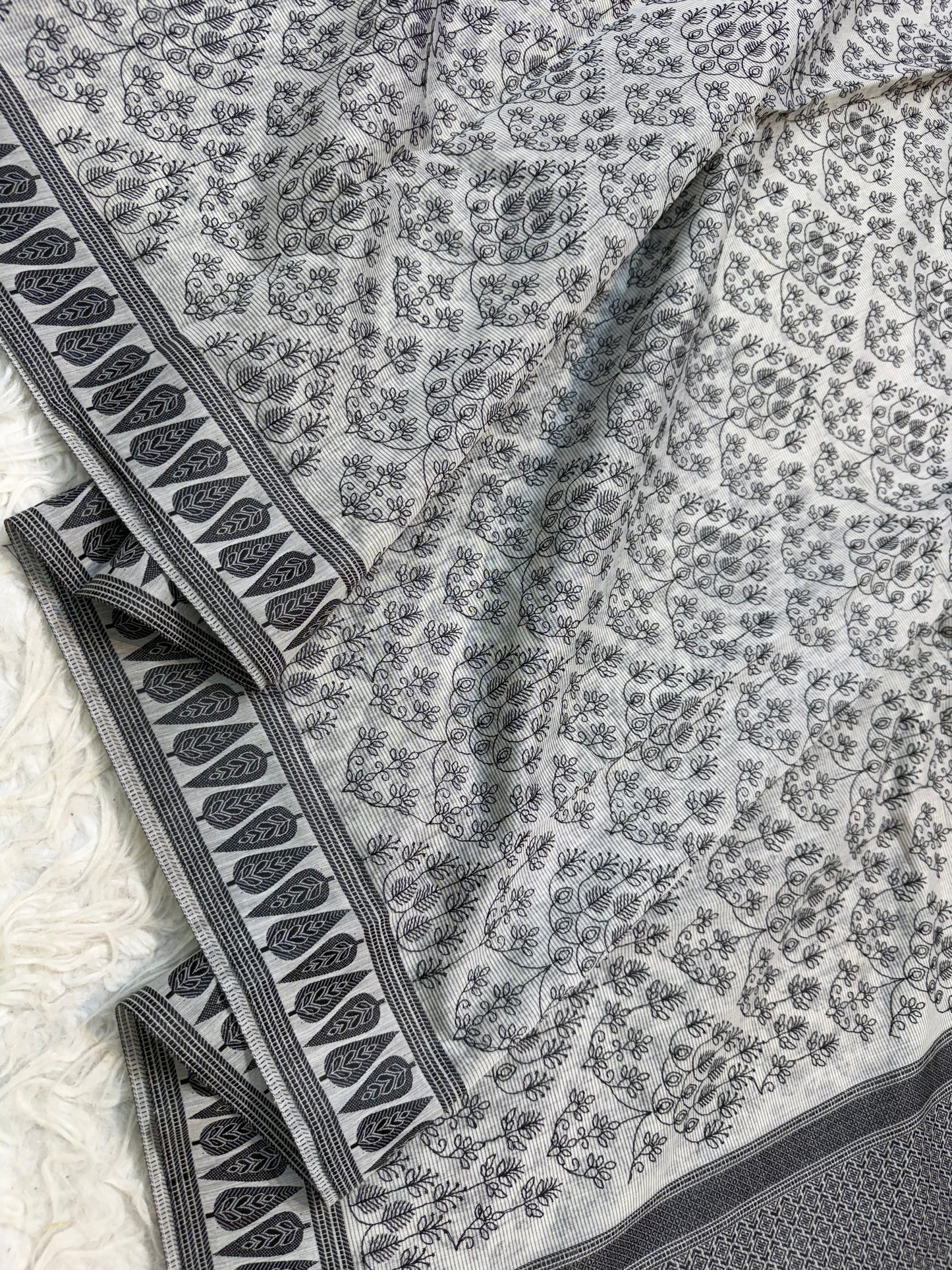 Grey shade cotton kota chickenkari embroidery Banarasi saree
