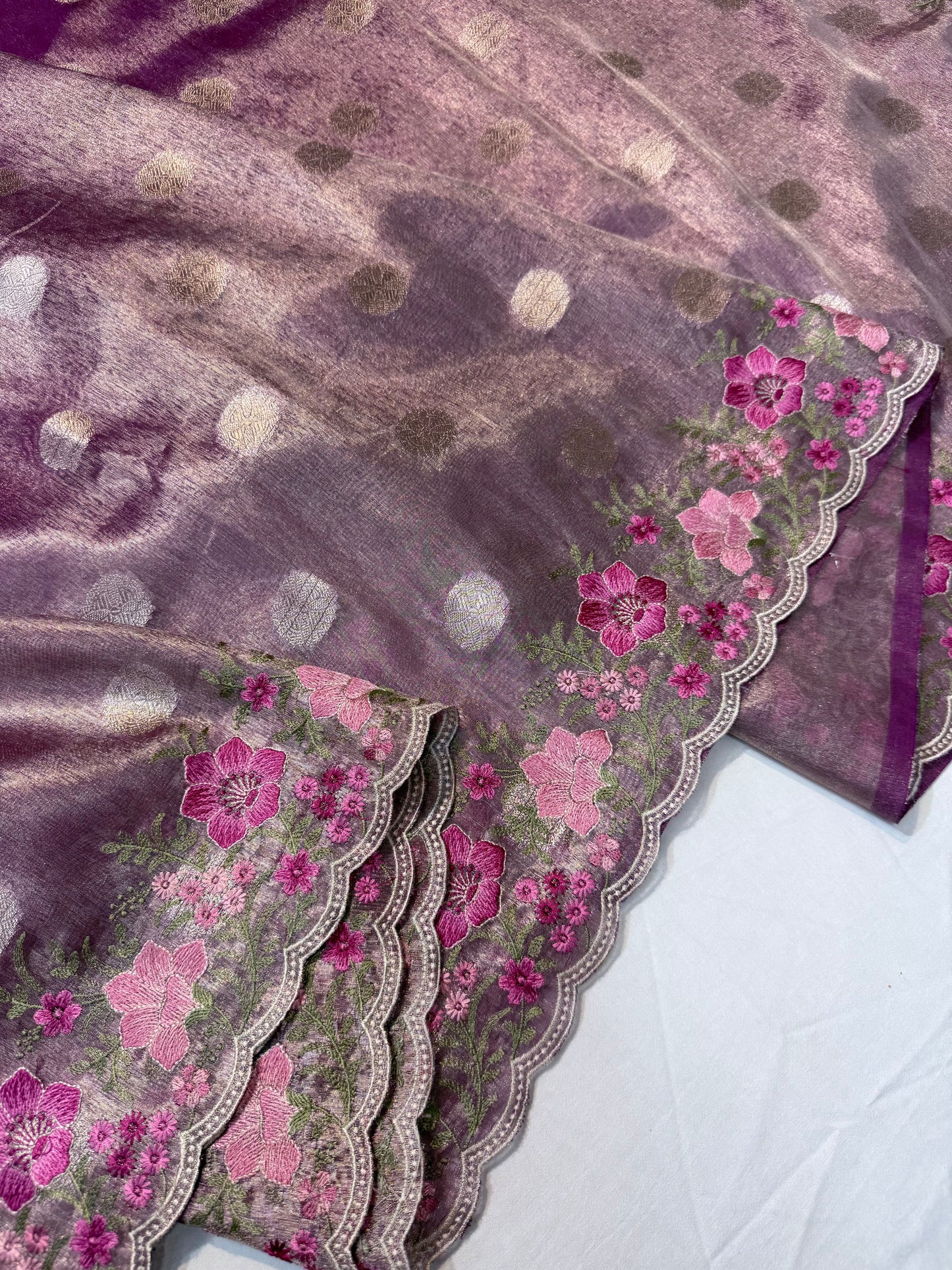 Magenta tissue cutwork embroidery premium designer Banarasi saree
