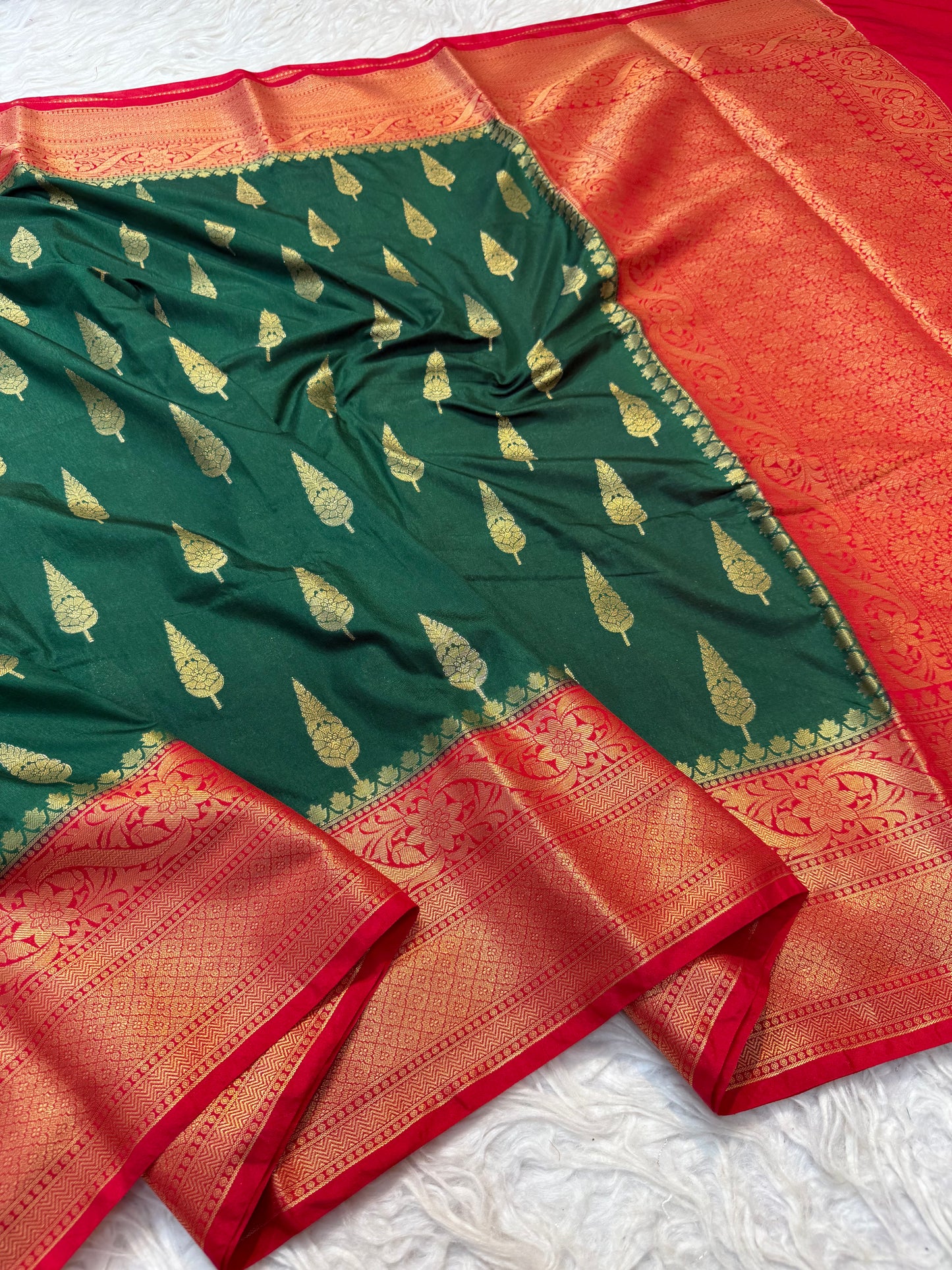 Bottle green red shade Dupion Silk Banarasi Saree