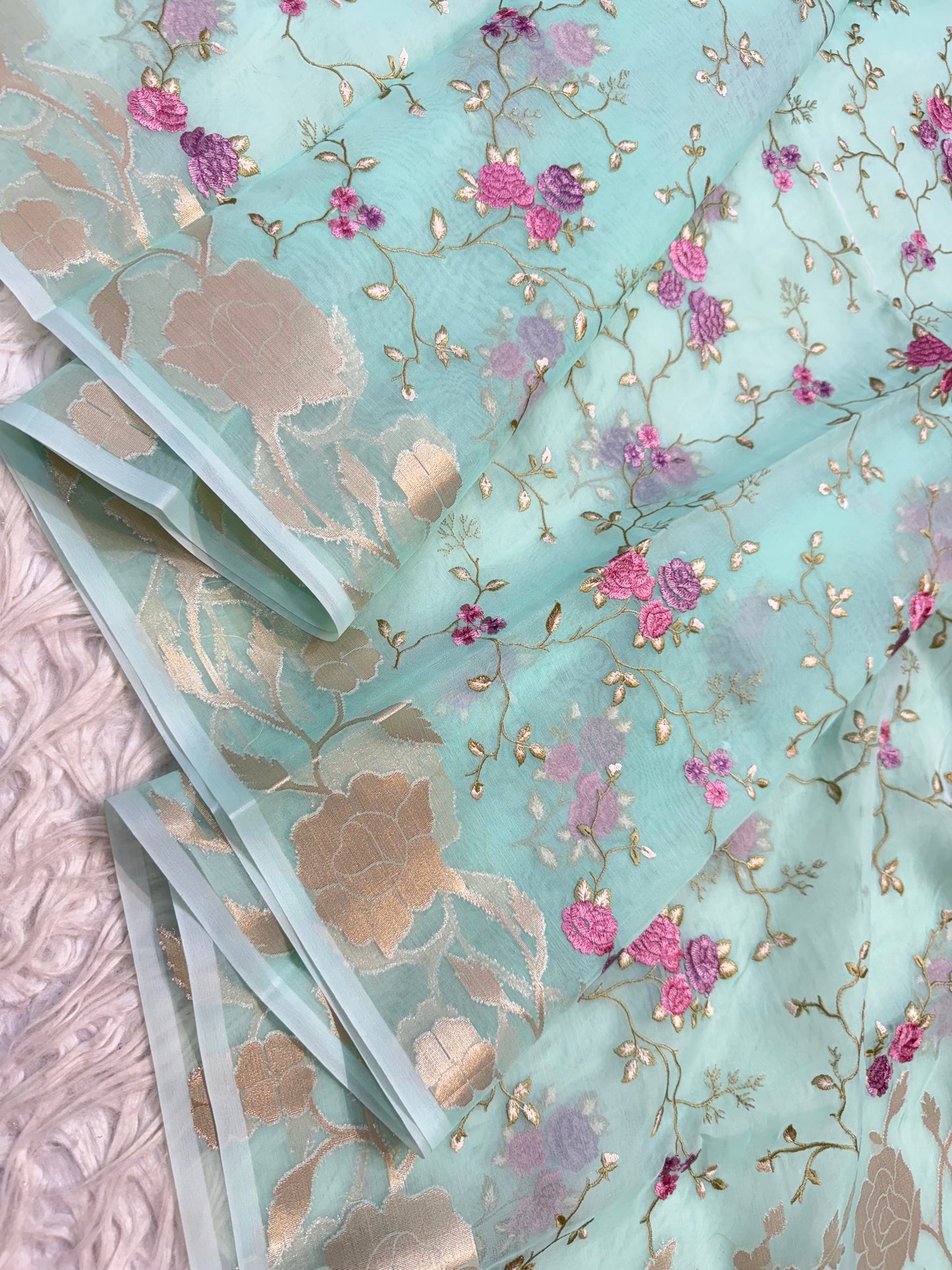 Turquoise shade kora organza embroidery Banarasi saree