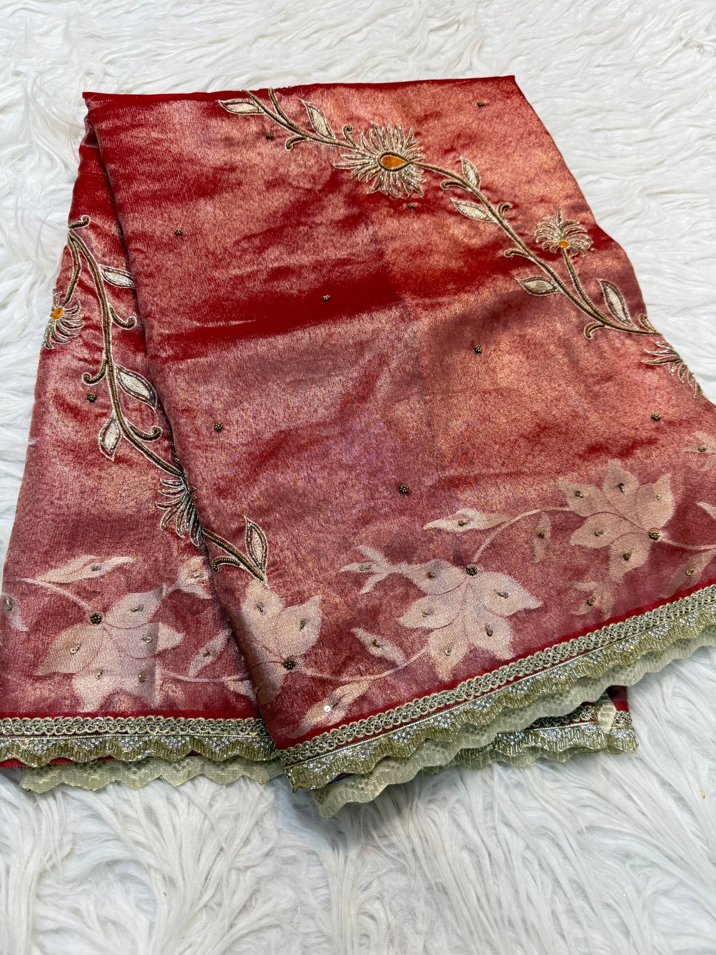 Red shade tissue ari & zardosi work designer premium Banarasi saree
