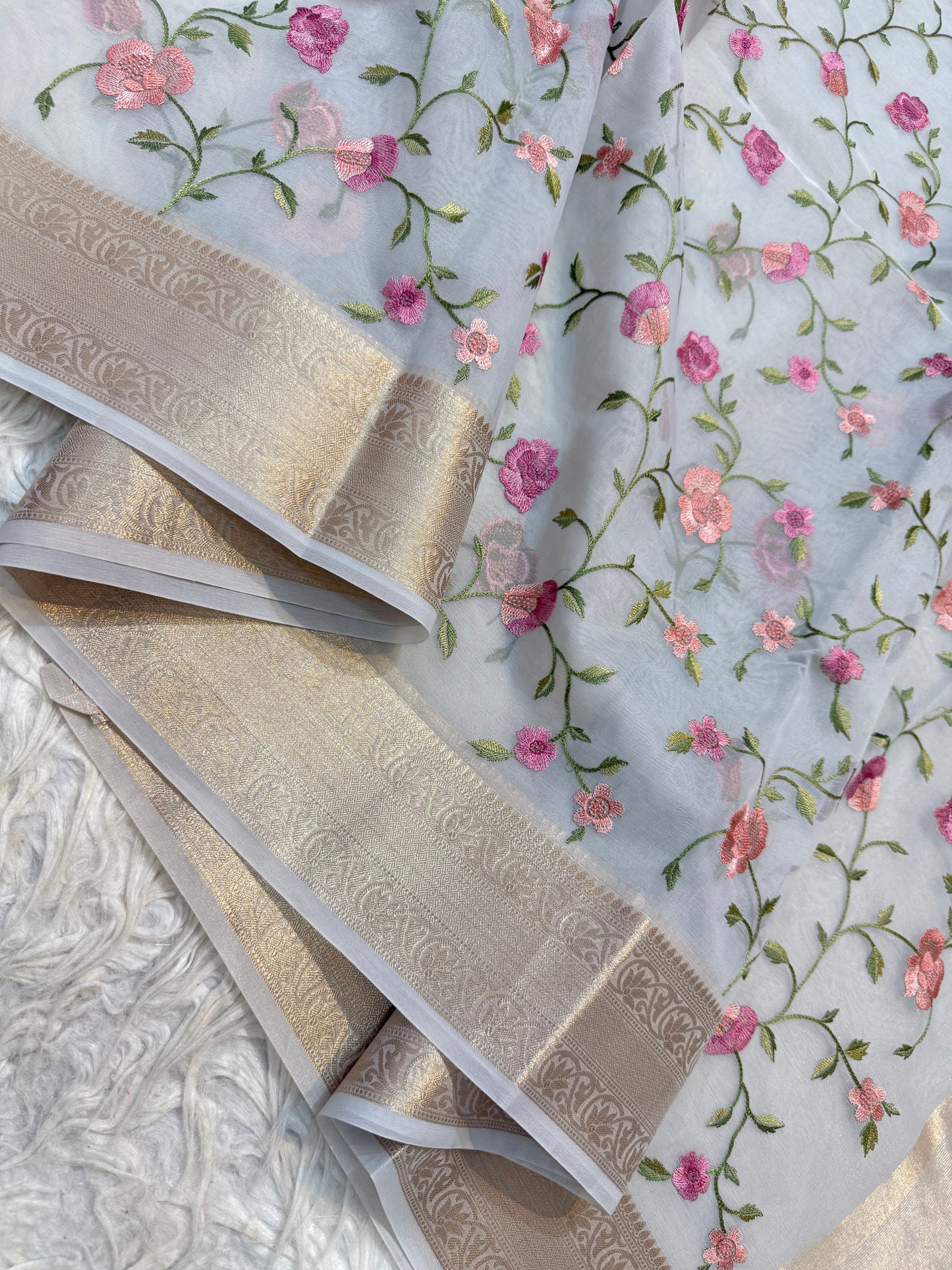 Grey organza embroidery Banarasi saree